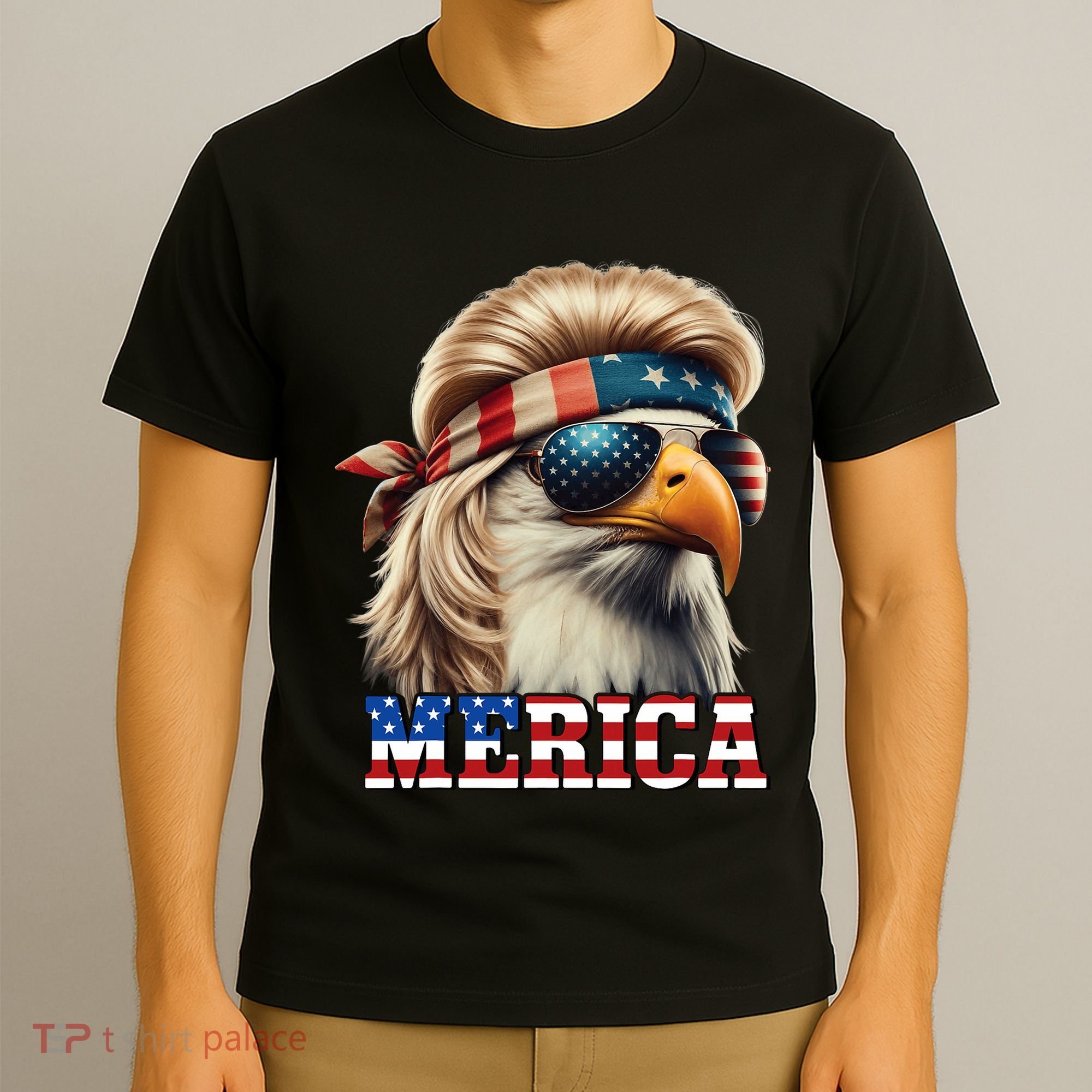 Funny Eagle Merica 4th July Blonde Wig Mullet Funny Man T-Shirt