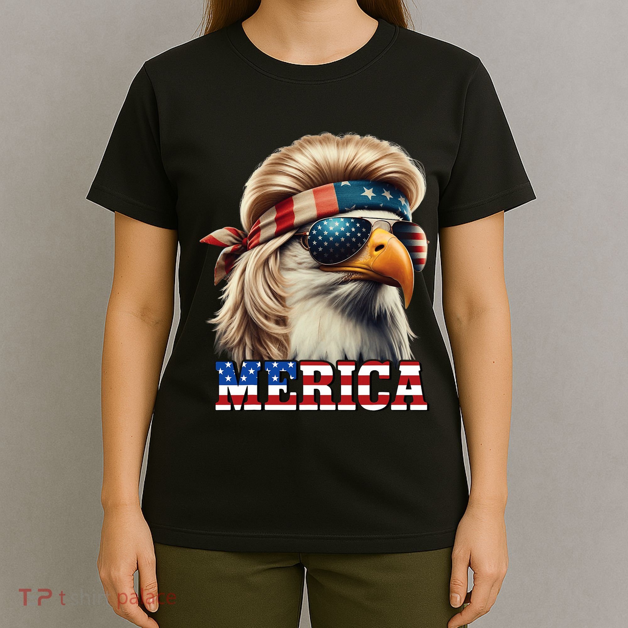 Funny Eagle Merica 4th July Blonde Wig Mullet Funny Man T-Shirt