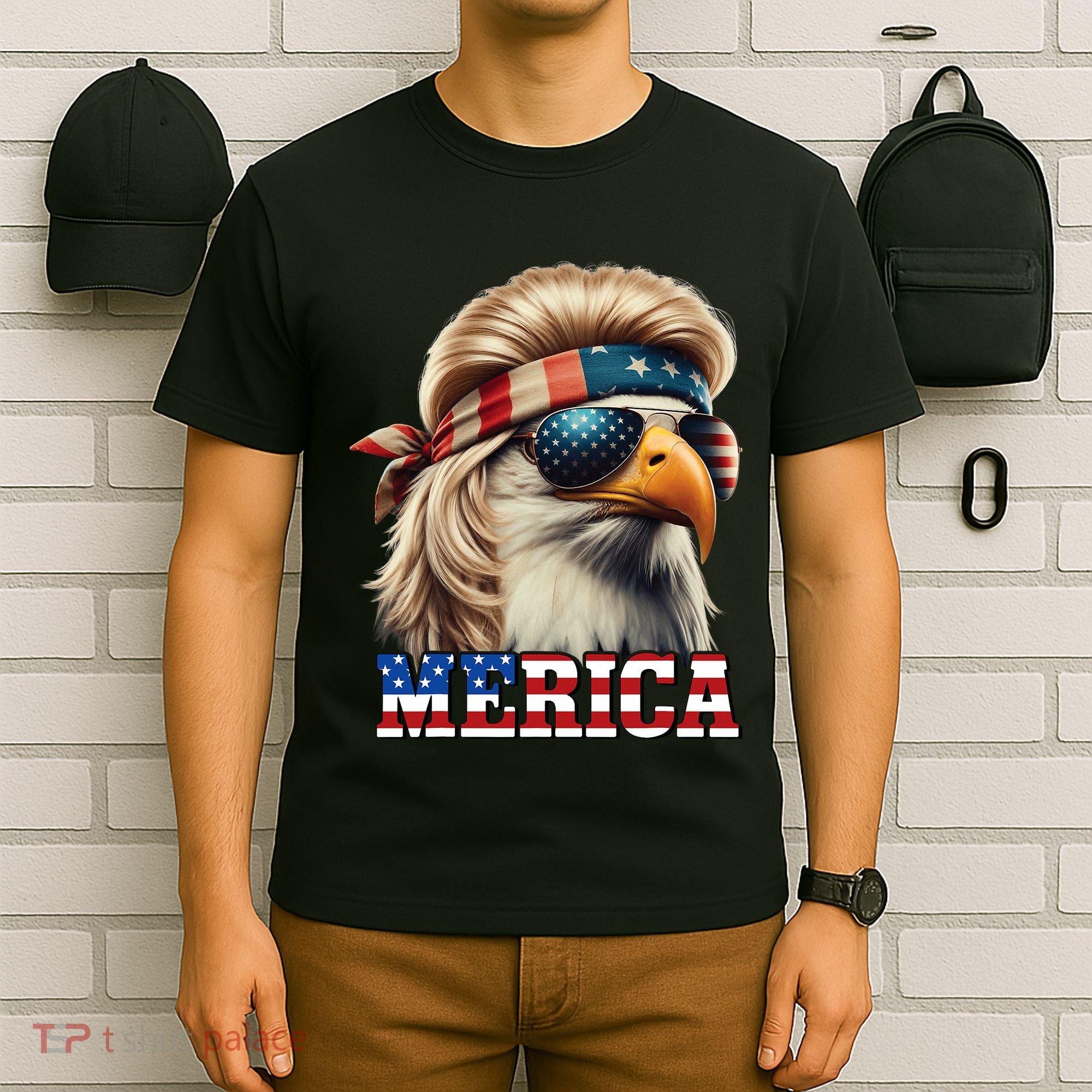 Funny Eagle Merica 4th July Blonde Wig Mullet Funny Man T-Shirt