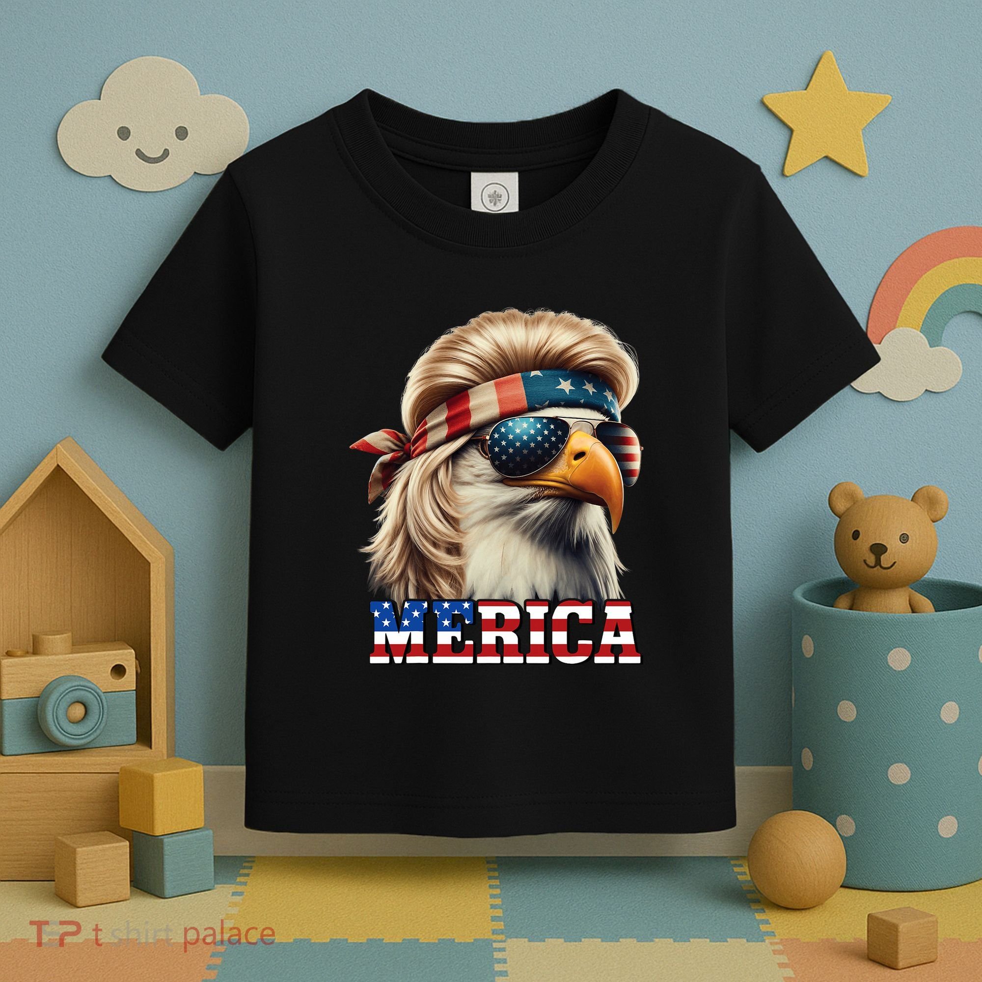 Funny Eagle Merica 4th July Blonde Wig Mullet Funny Man Toddler T-Shirt