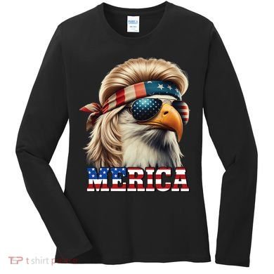 Funny Eagle Merica 4th July Blonde Wig Mullet Funny Man Women's Long Sleeve Shirt
