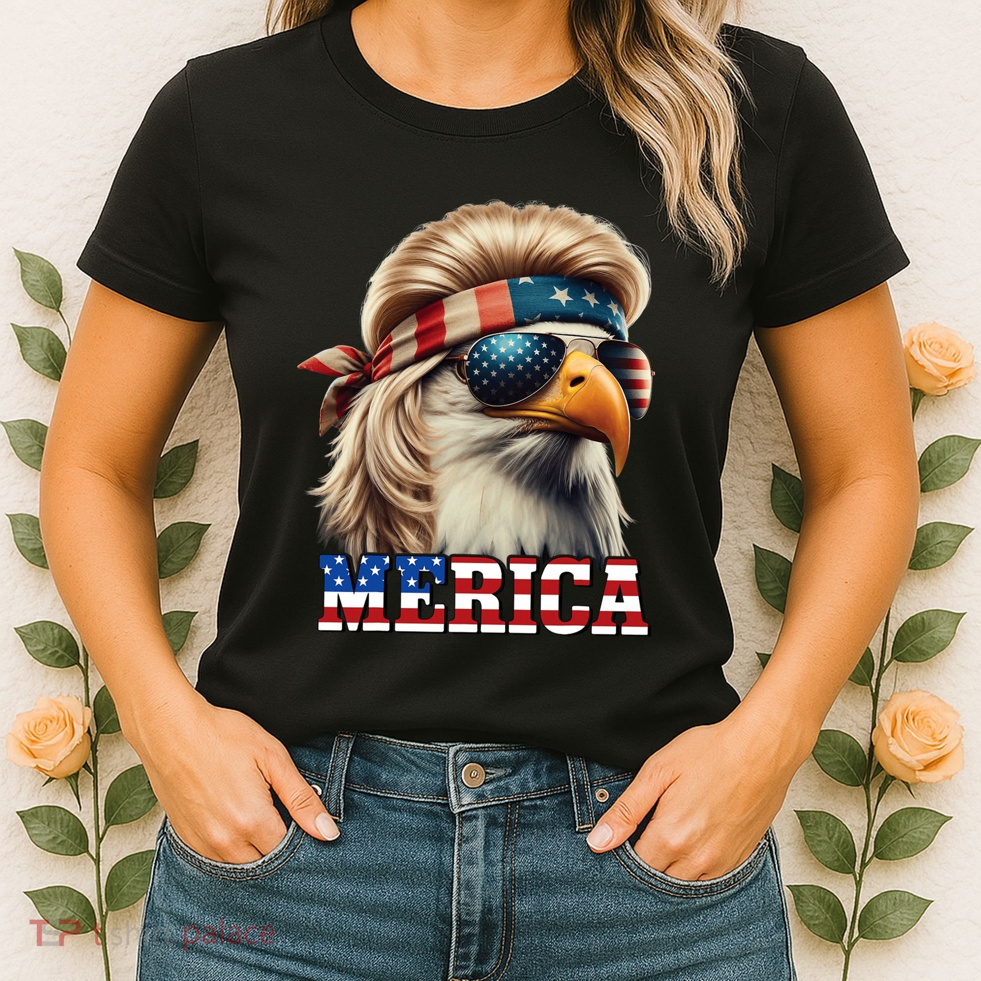 Funny Eagle Merica 4th July Blonde Wig Mullet Funny Man Women's T-Shirt