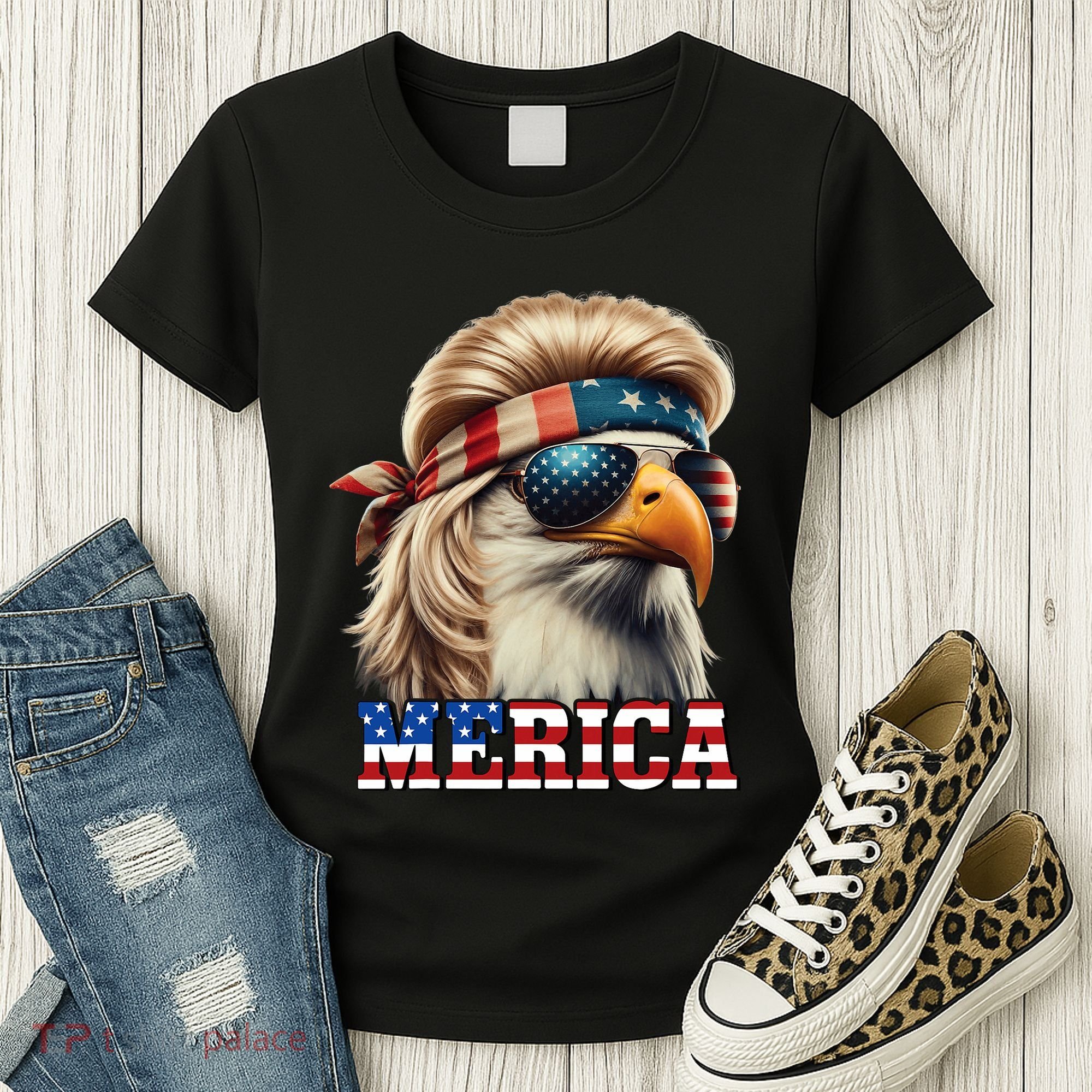 Funny Eagle Merica 4th July Blonde Wig Mullet Funny Man Women's T-Shirt