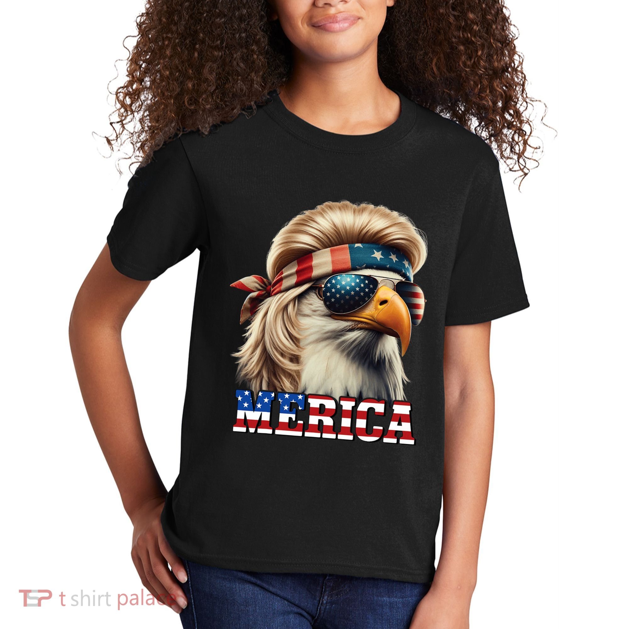 Funny Eagle Merica 4th July Blonde Wig Mullet Funny Man Kids T-Shirt