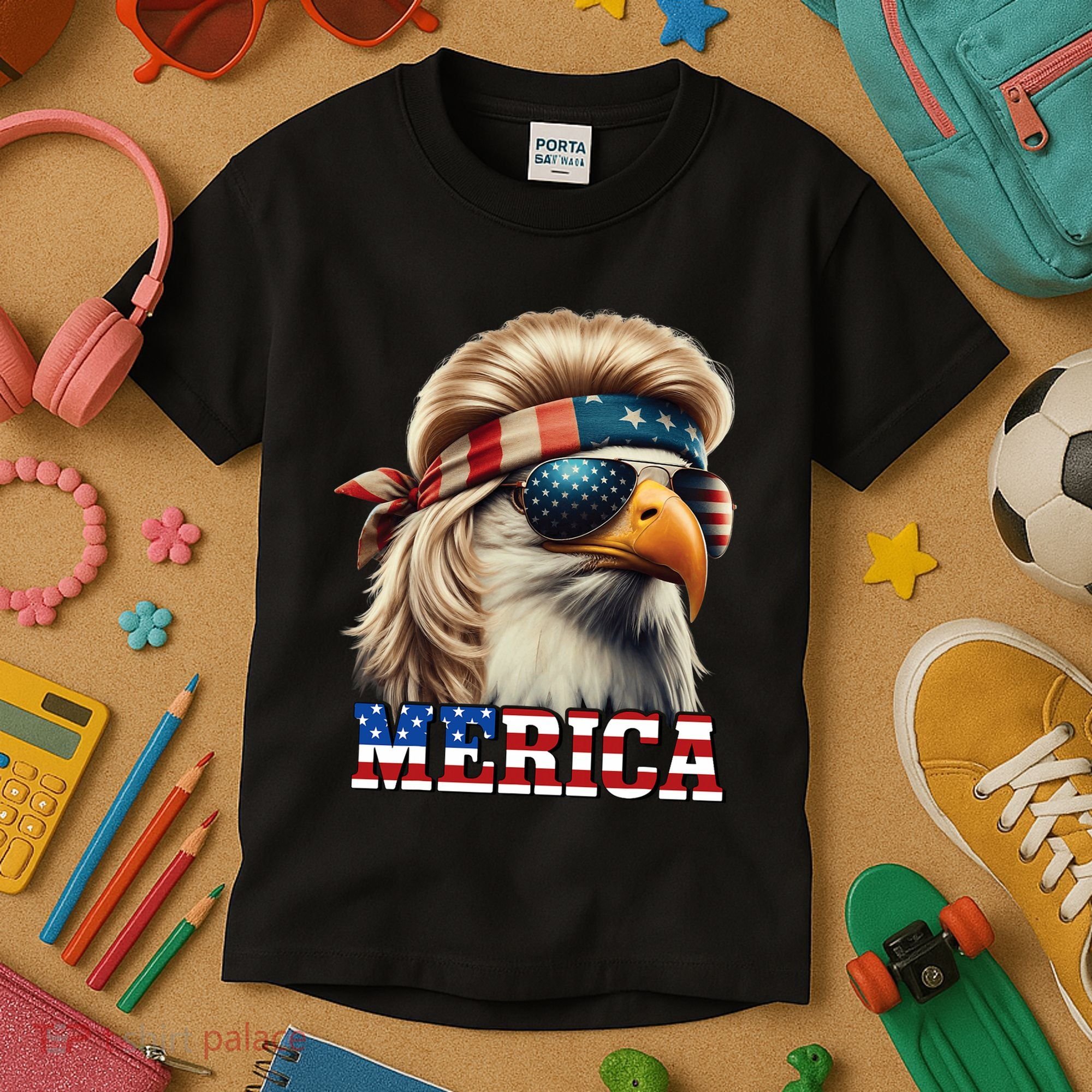 Funny Eagle Merica 4th July Blonde Wig Mullet Funny Man Kids T-Shirt