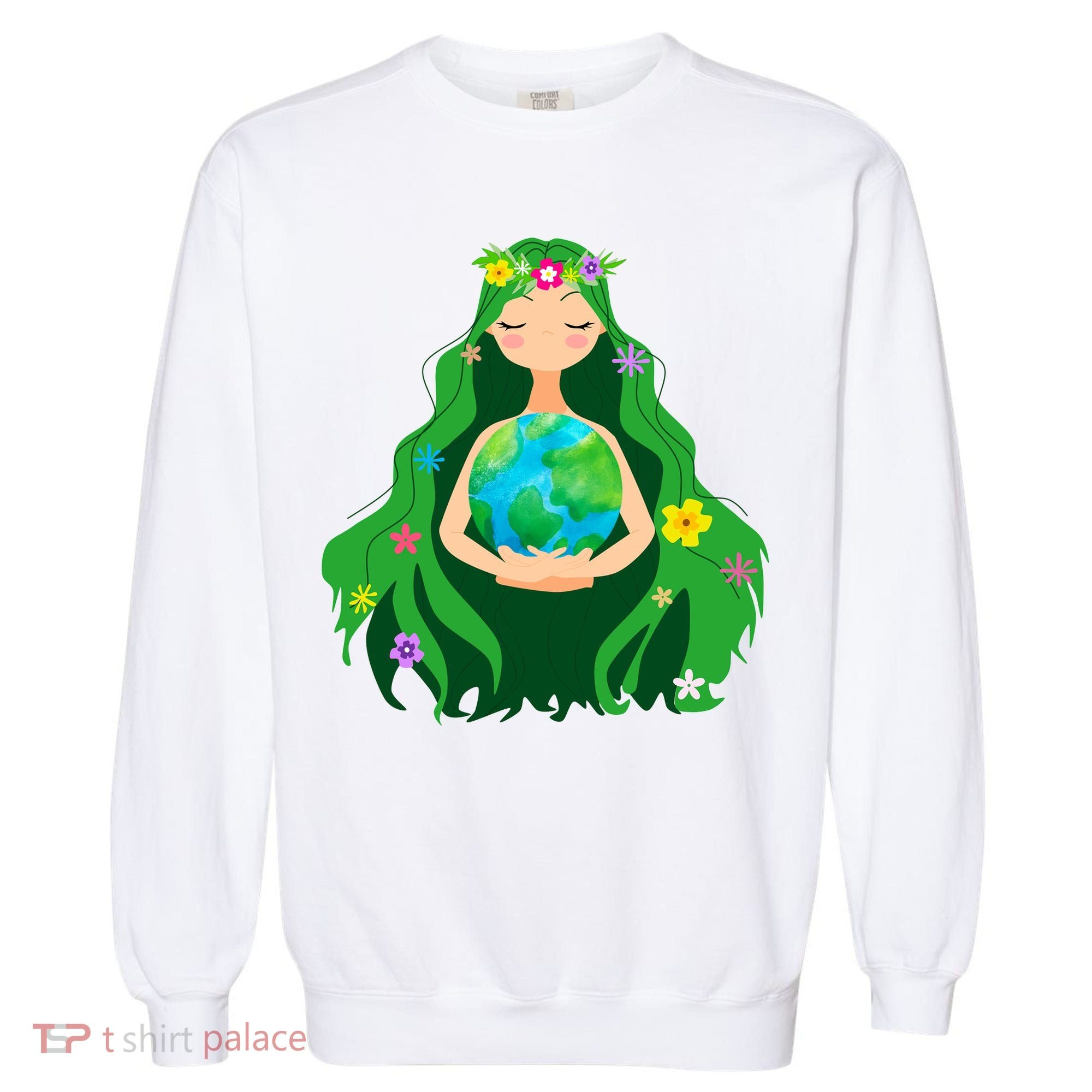 Flower Earth Mother Figure Cute Garment-Dyed Sweatshirt