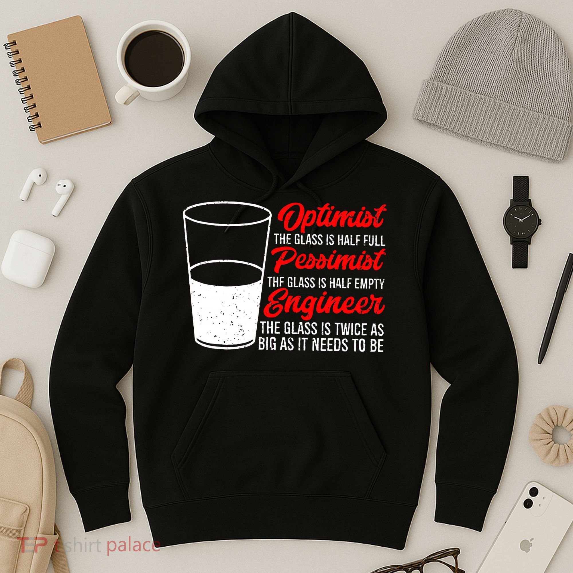 Funny Engineer Optimist Pessimist Glass Engineer Hoodie
