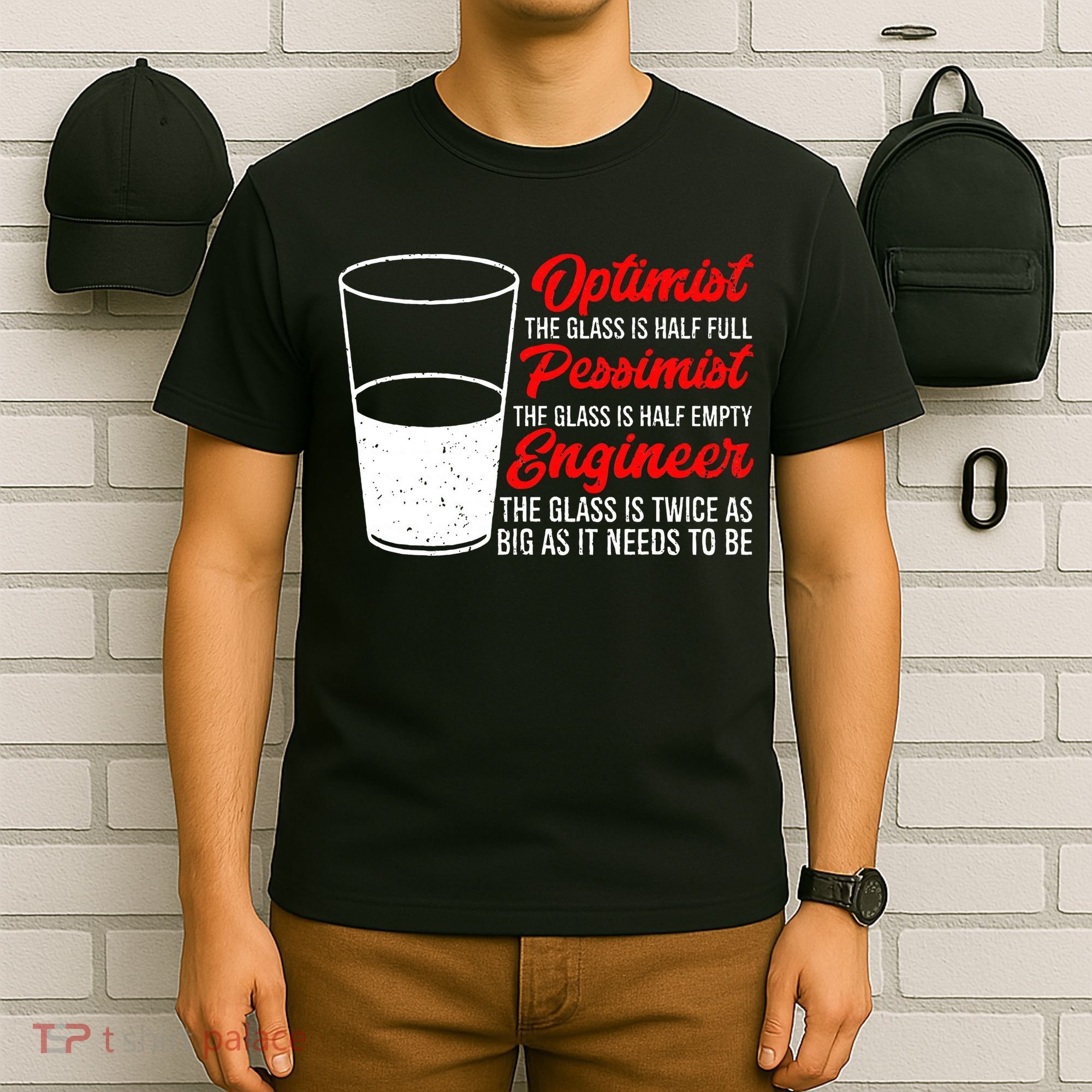 Funny Engineer Optimist Pessimist Glass Engineer T-Shirt