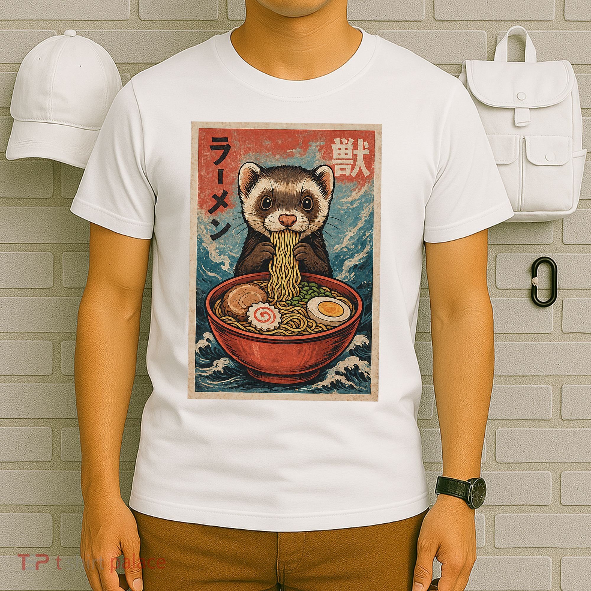 Ferret Eating Ramen Kawaii Anime Pet Lover  T-Shirt