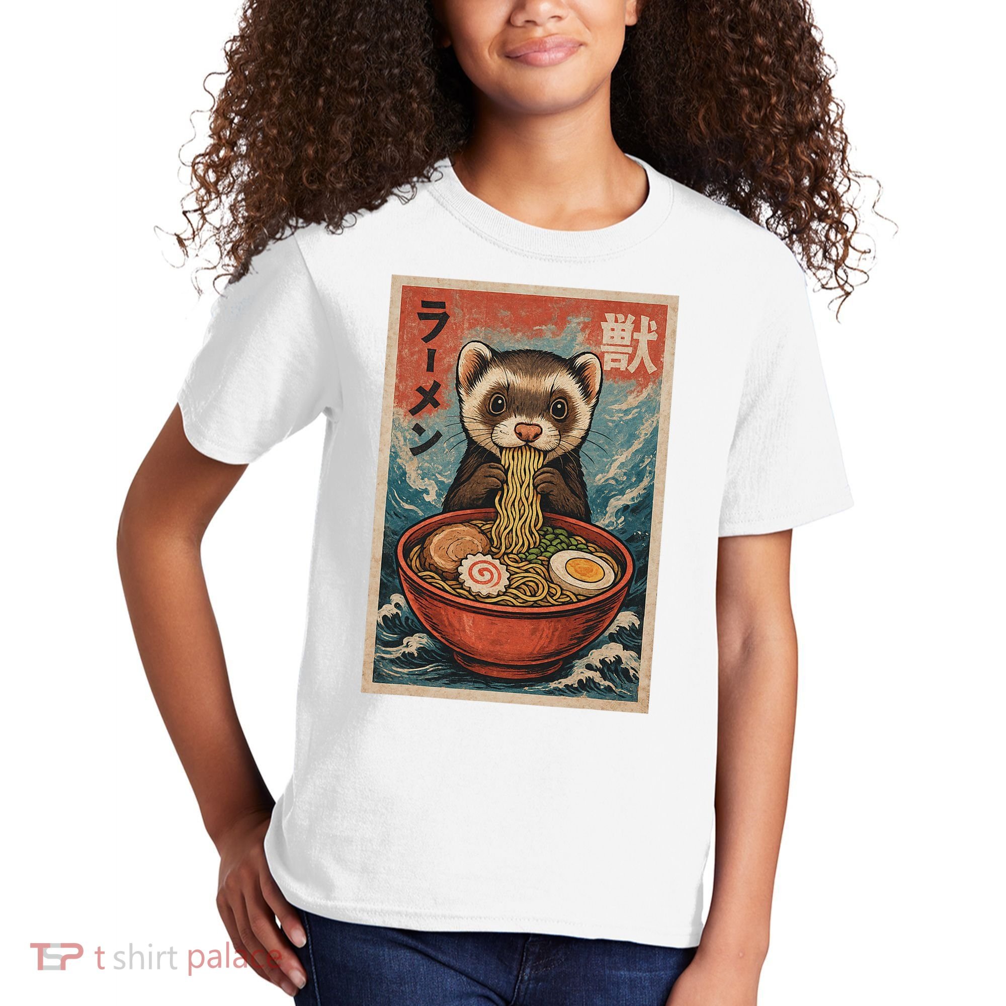 Ferret Eating Ramen Kawaii Anime Pet Lover  Kids T-Shirt