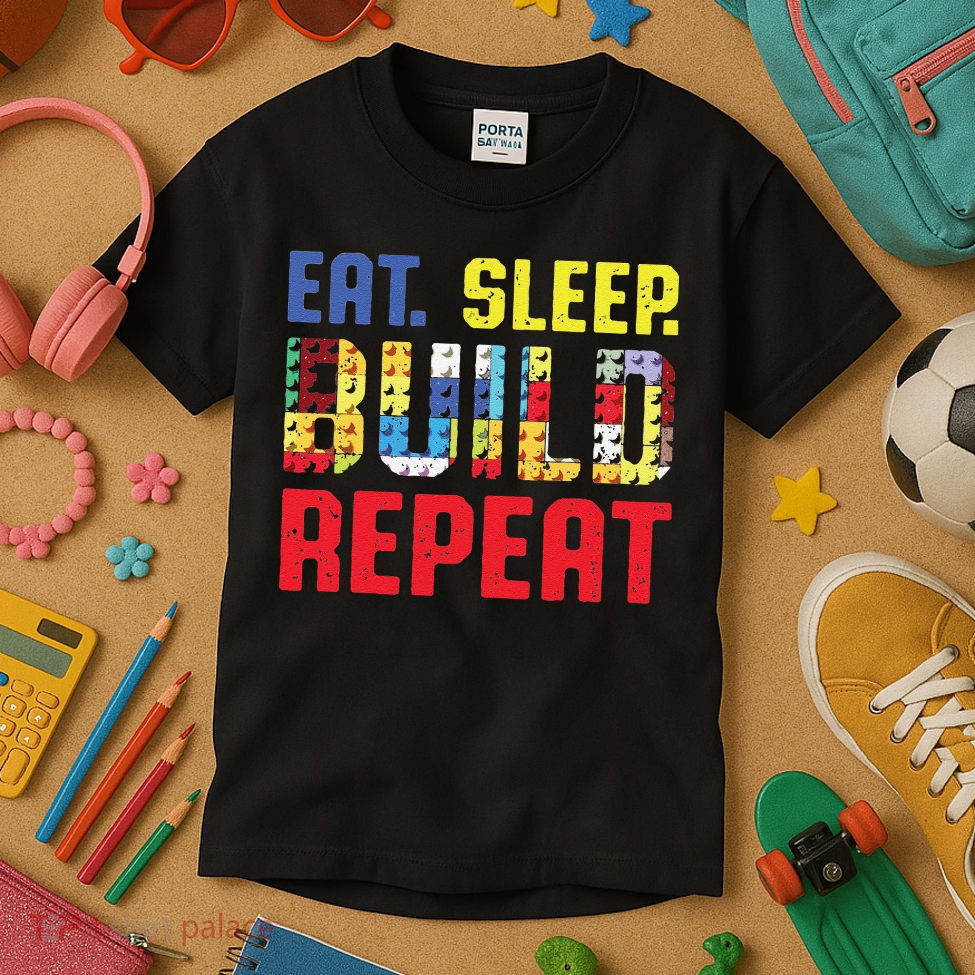 Funny Eat Sleep Build Repeat Building Funny Builders Kids T-Shirt