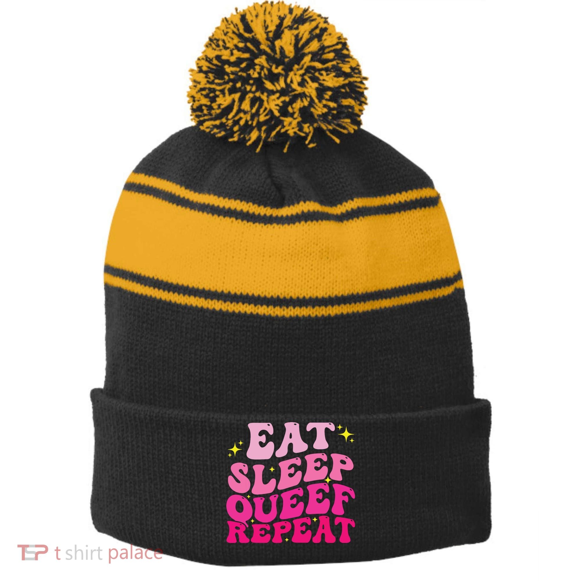 Funny Eat Sleep Queef Repeat Inappropriate Queefing Joke Stripe Pom Pom Beanie
