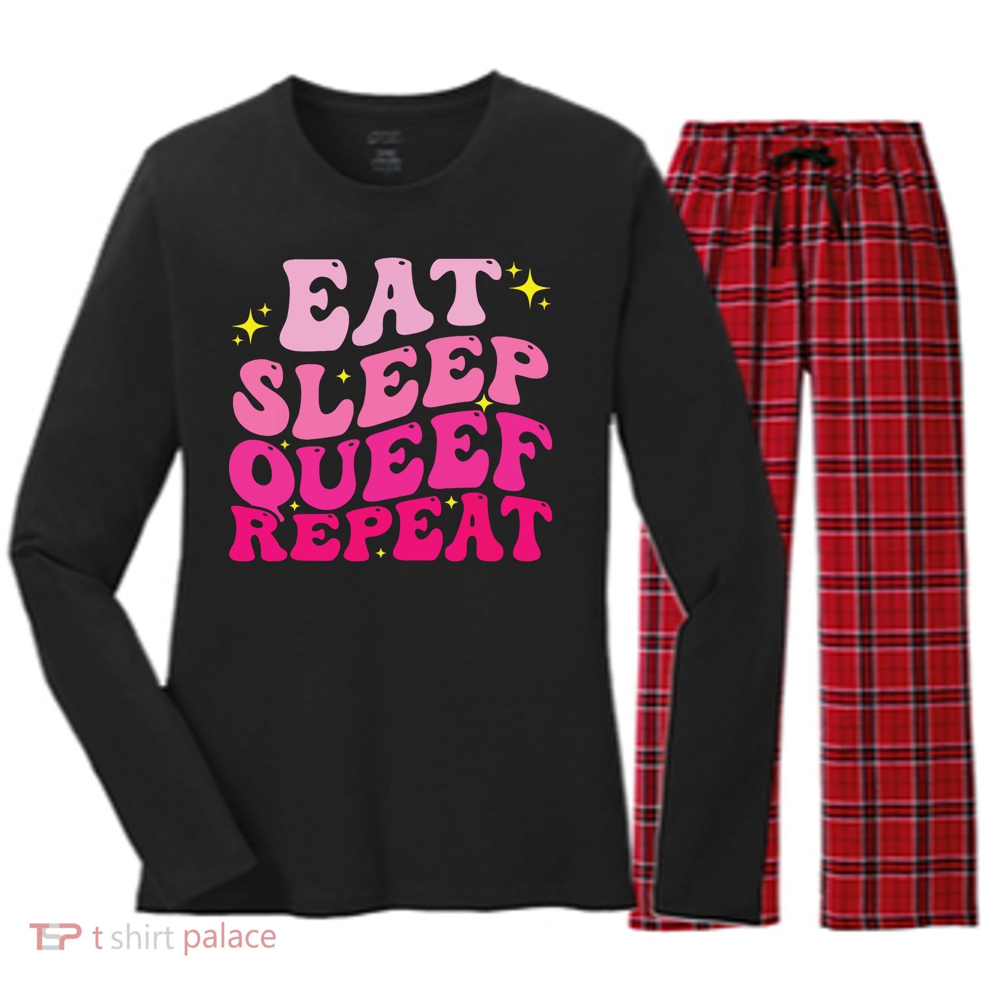 Funny Eat Sleep Queef Repeat Inappropriate Queefing Joke Women's Long Sleeve Flannel Pajama Set 