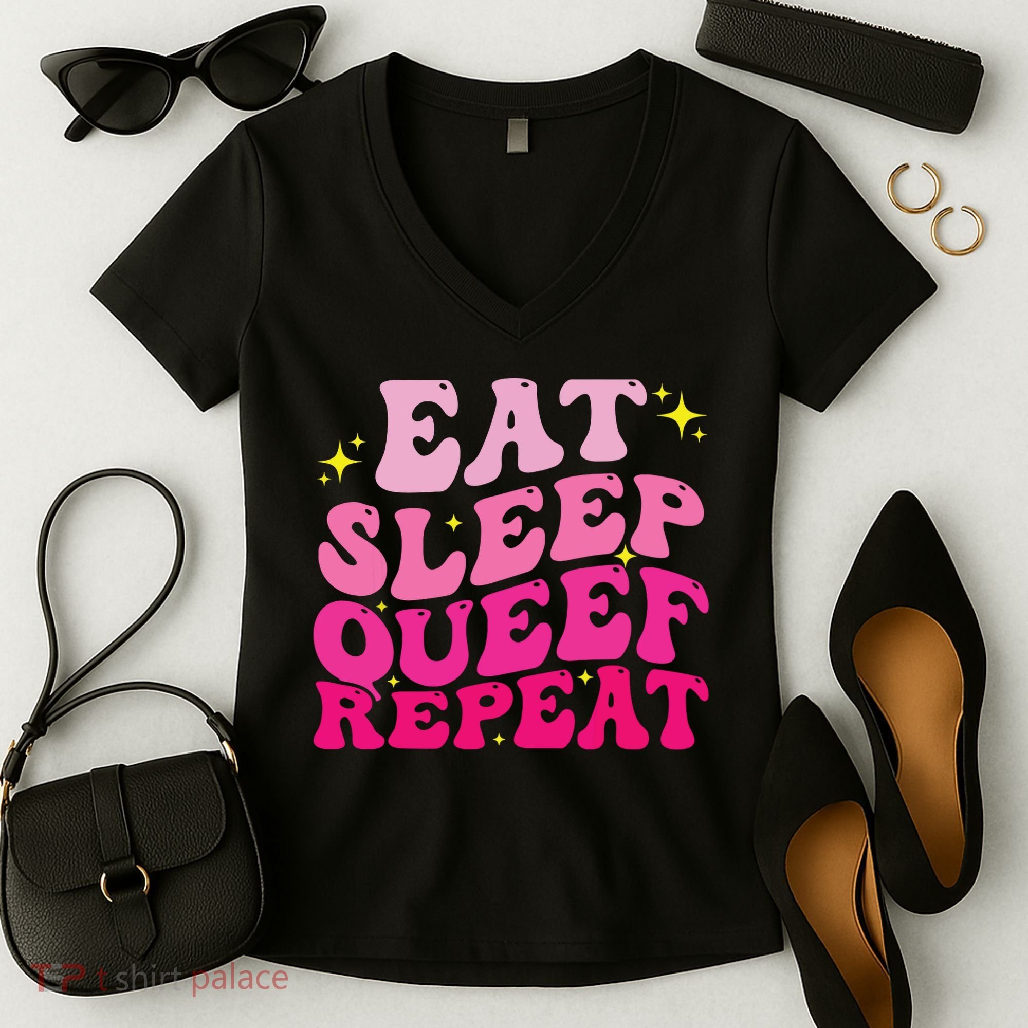 Funny Eat Sleep Queef Repeat Inappropriate Queefing Joke Women's V-Neck T-Shirt
