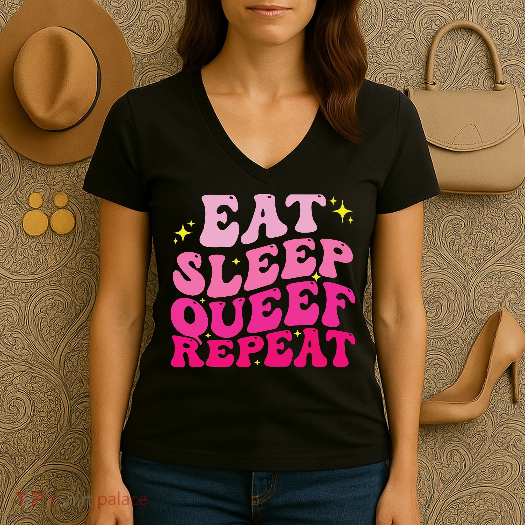 Funny Eat Sleep Queef Repeat Inappropriate Queefing Joke Women's V-Neck T-Shirt