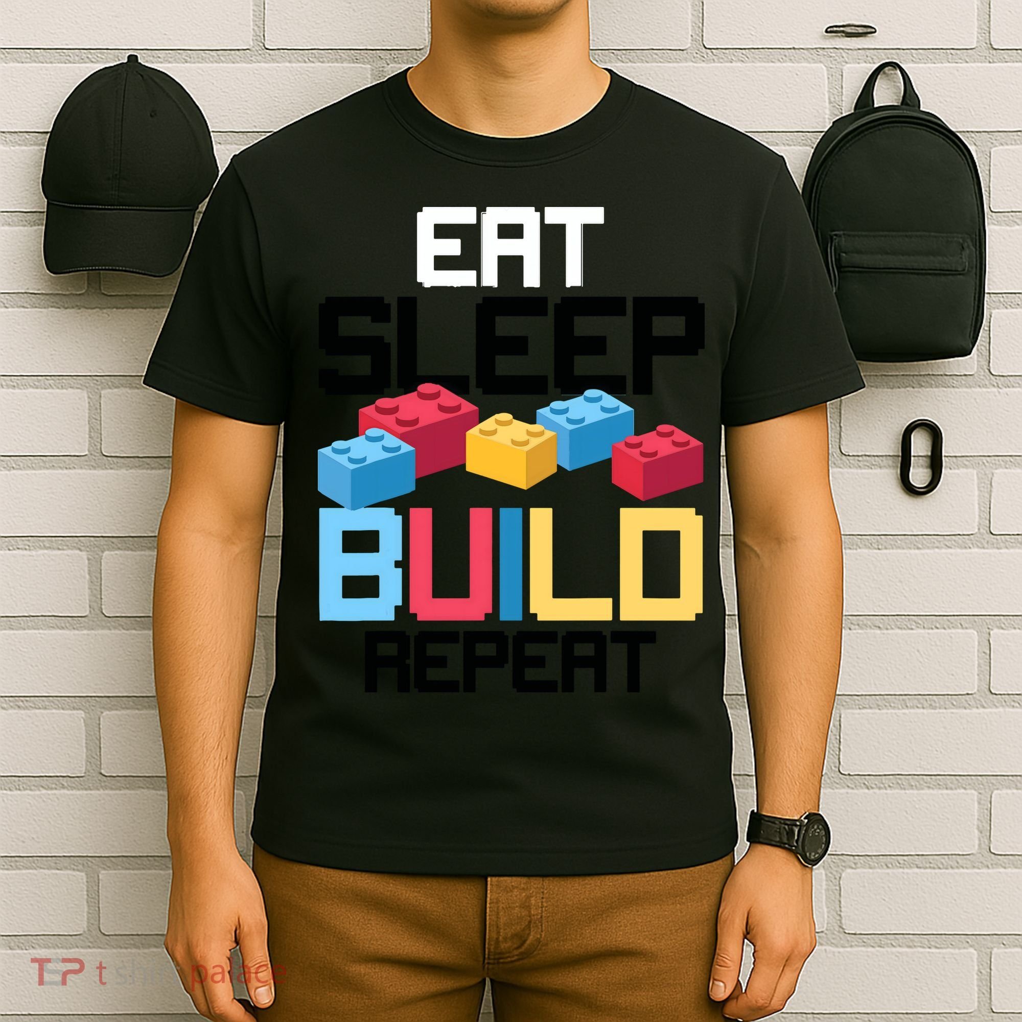 Funny Eat Sleep Build Gift Men Women Cool Blocks Building T-Shirt