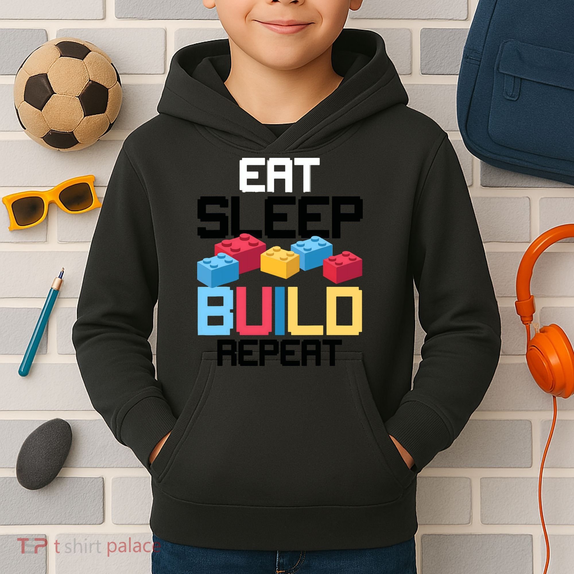 Funny Eat Sleep Build Gift Men Women Cool Blocks Building Kids Hoodie