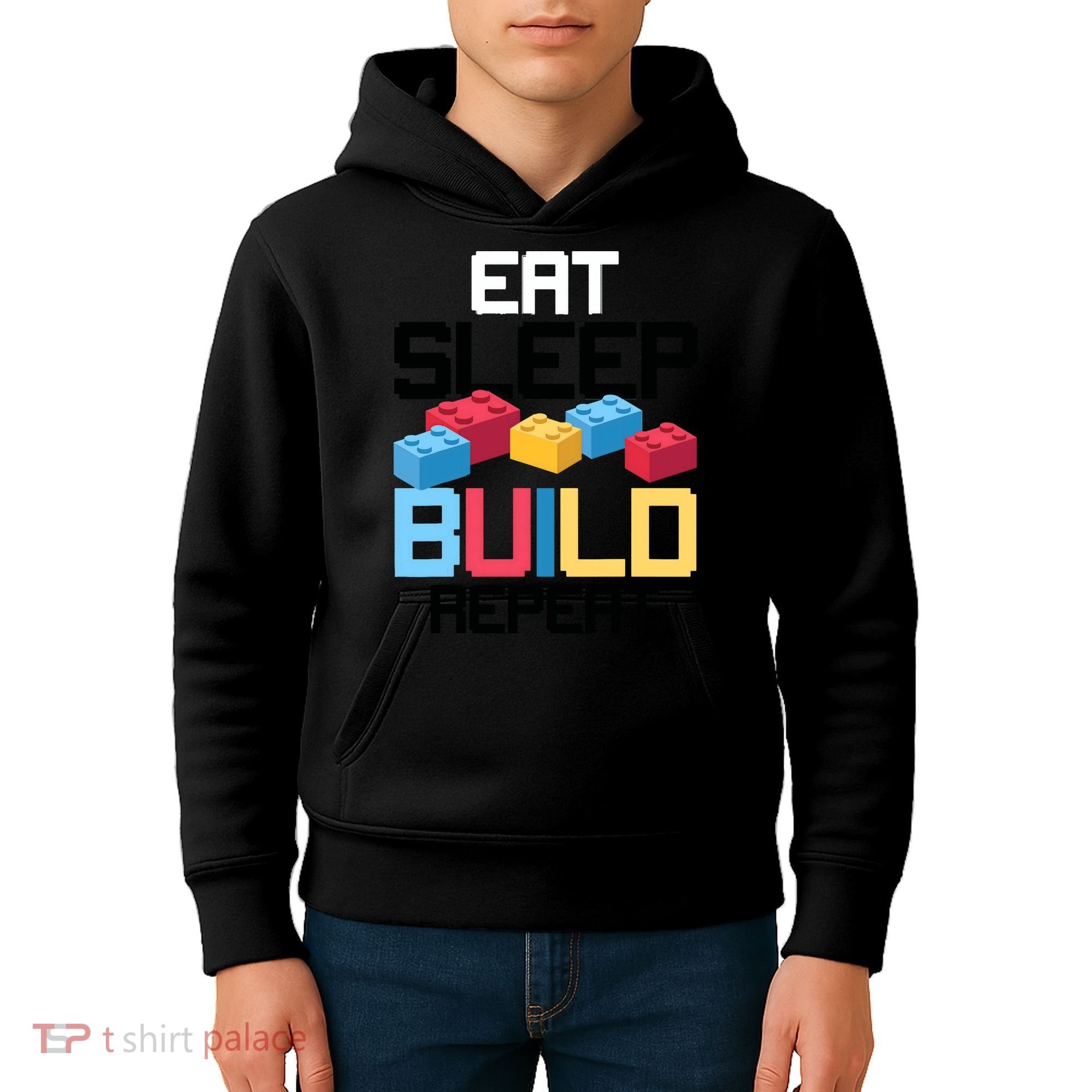 Funny Eat Sleep Build Gift Men Women Cool Blocks Building Kids Hoodie