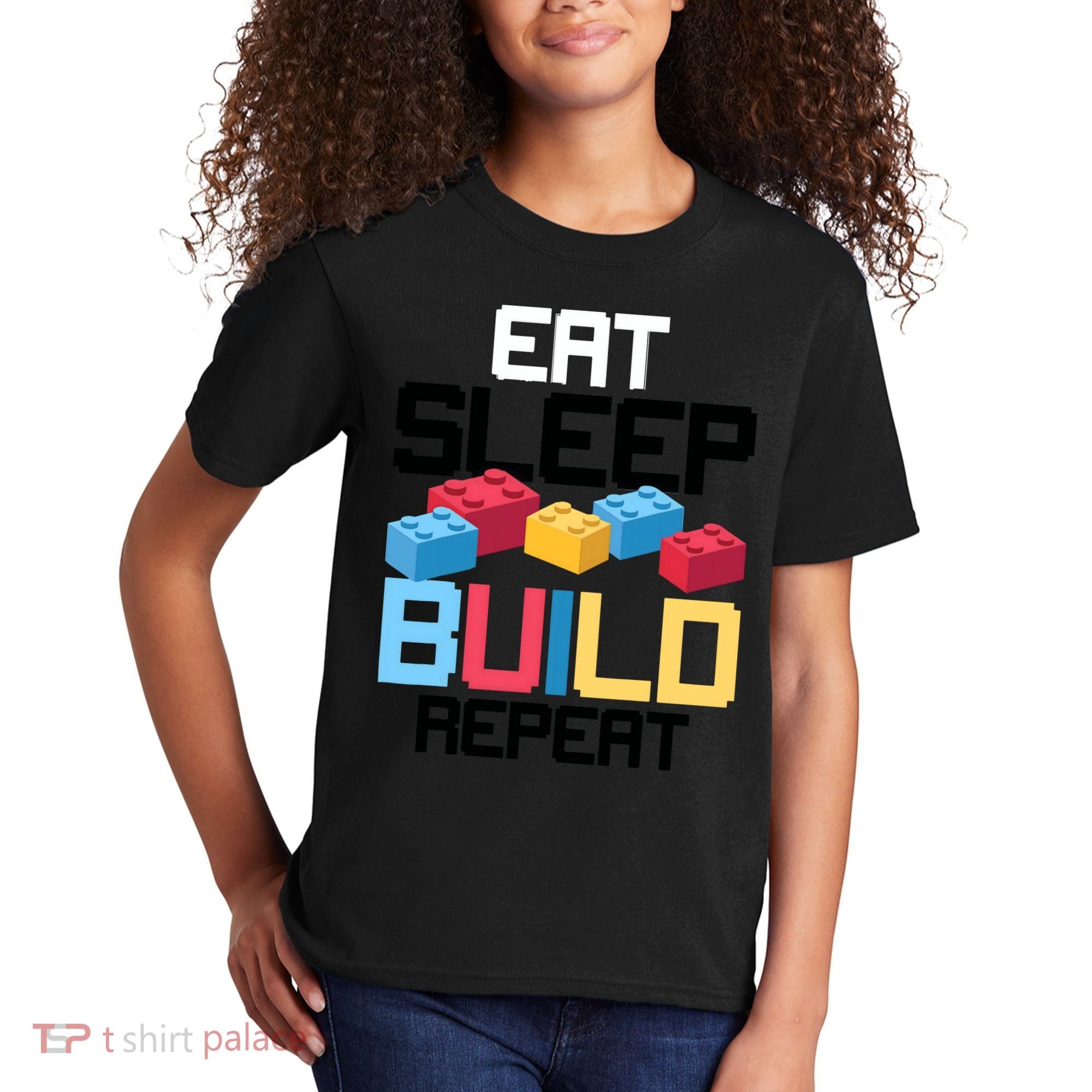 Funny Eat Sleep Build Gift Men Women Cool Blocks Building Kids T-Shirt