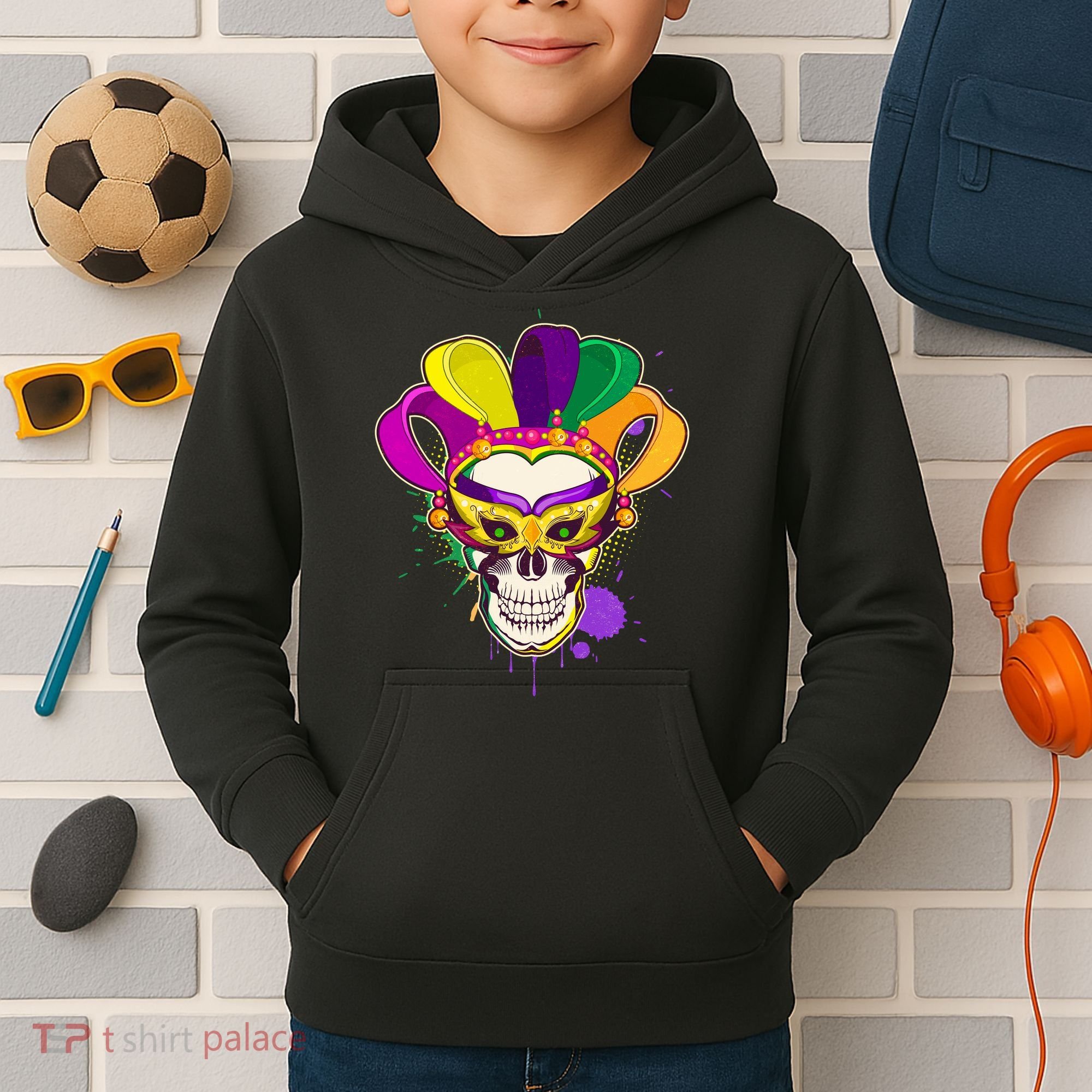 Festive Mardi Gras Skull  Kids Hoodie