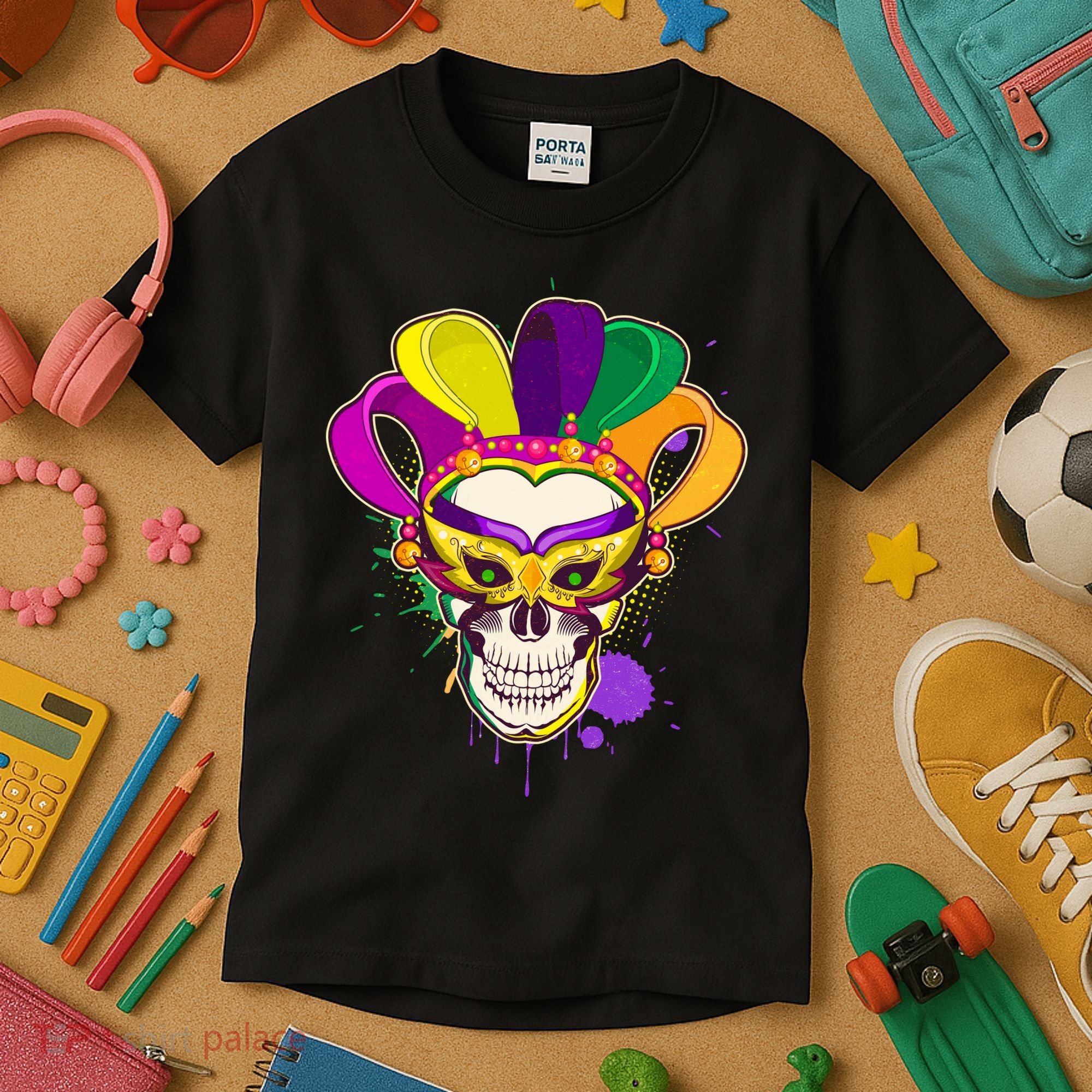 Festive Mardi Gras Skull  Kids T-Shirt