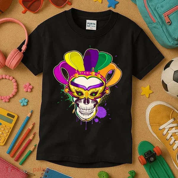 Festive Mardi Gras Skull  Kids T-Shirt