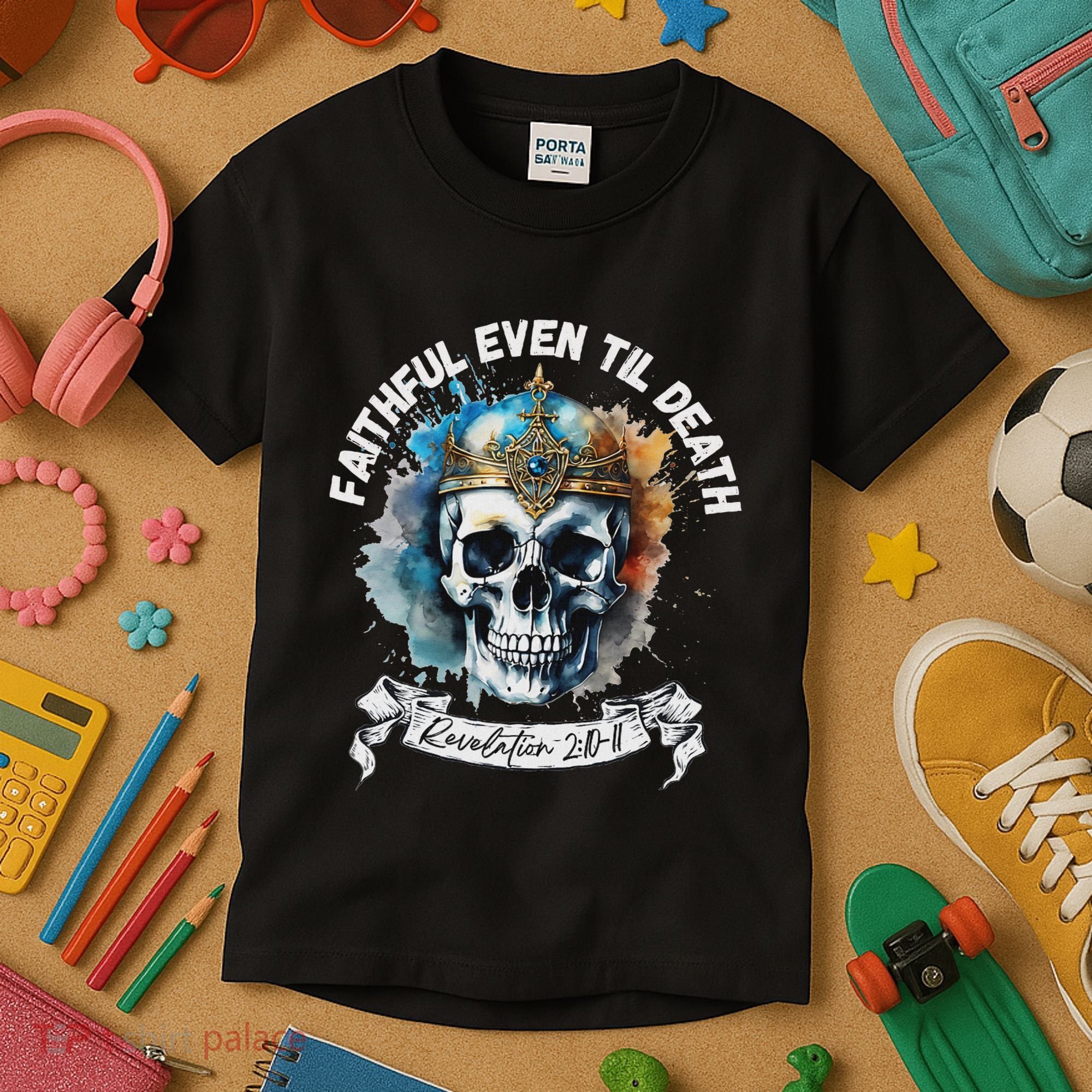 Faithful Even To Death – Revelation 210 11 Skull Kids T-Shirt