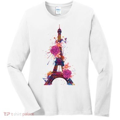 Floral Eiffel Tower Paris Women's Long Sleeve Shirt