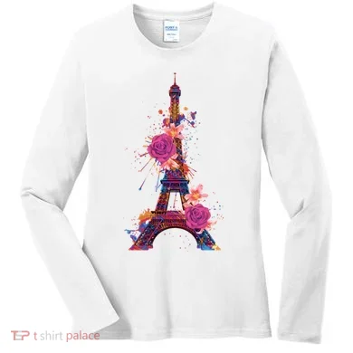 Floral Eiffel Tower Paris Women's Long Sleeve Shirt