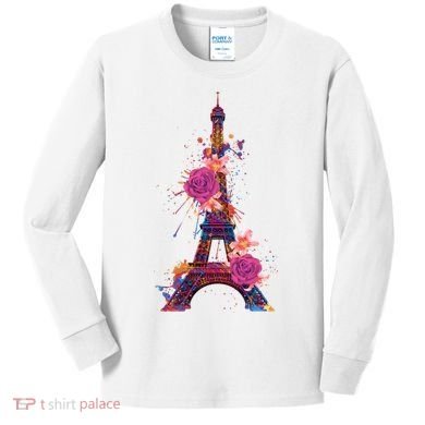Floral Eiffel Tower Paris Kids Long Sleeve Shirt