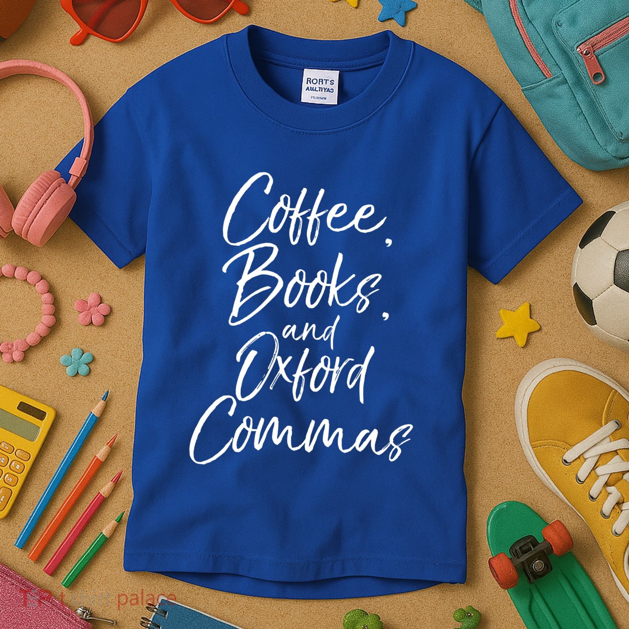 Funny English Teacher Gift Coffee Books And Oxford Commas Gift Kids T-Shirt