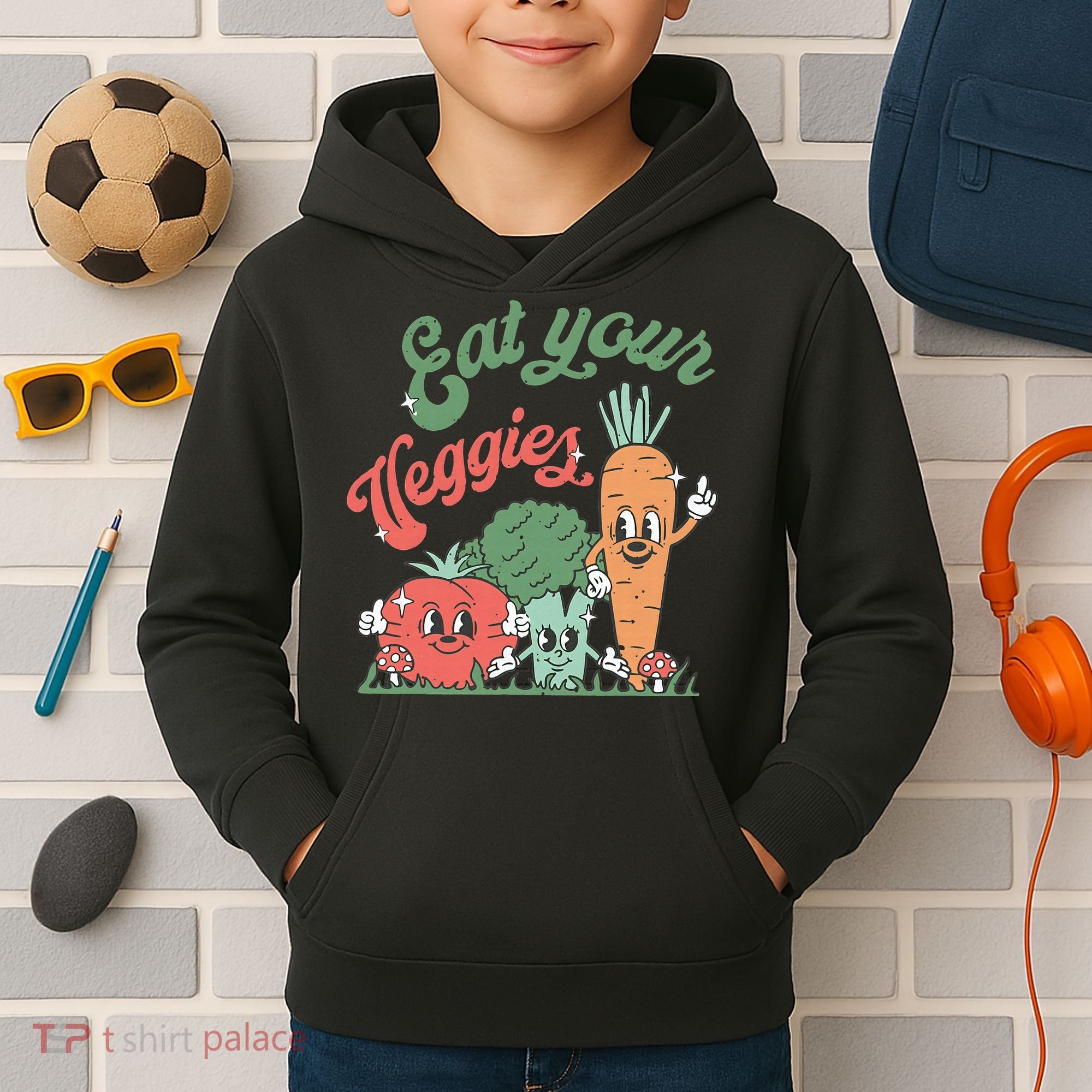 funny Eat your Veggies retro 90s style Vegetable Kids Hoodie