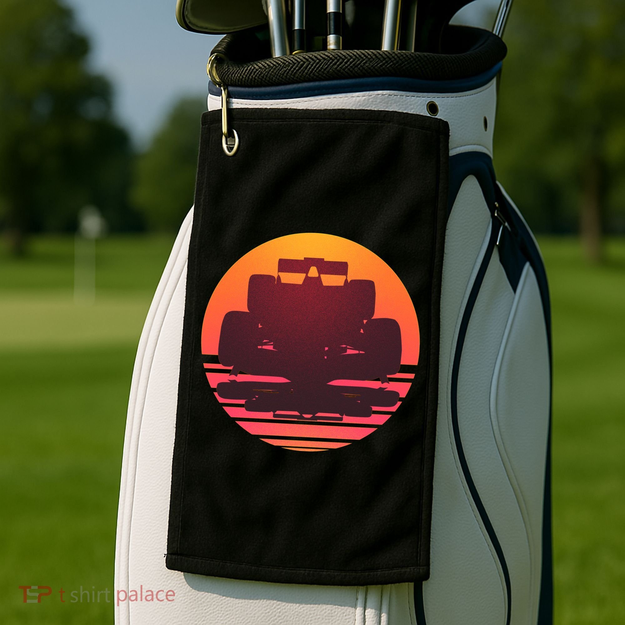 Racing Car Retro Sunset Emblem Golf Towel