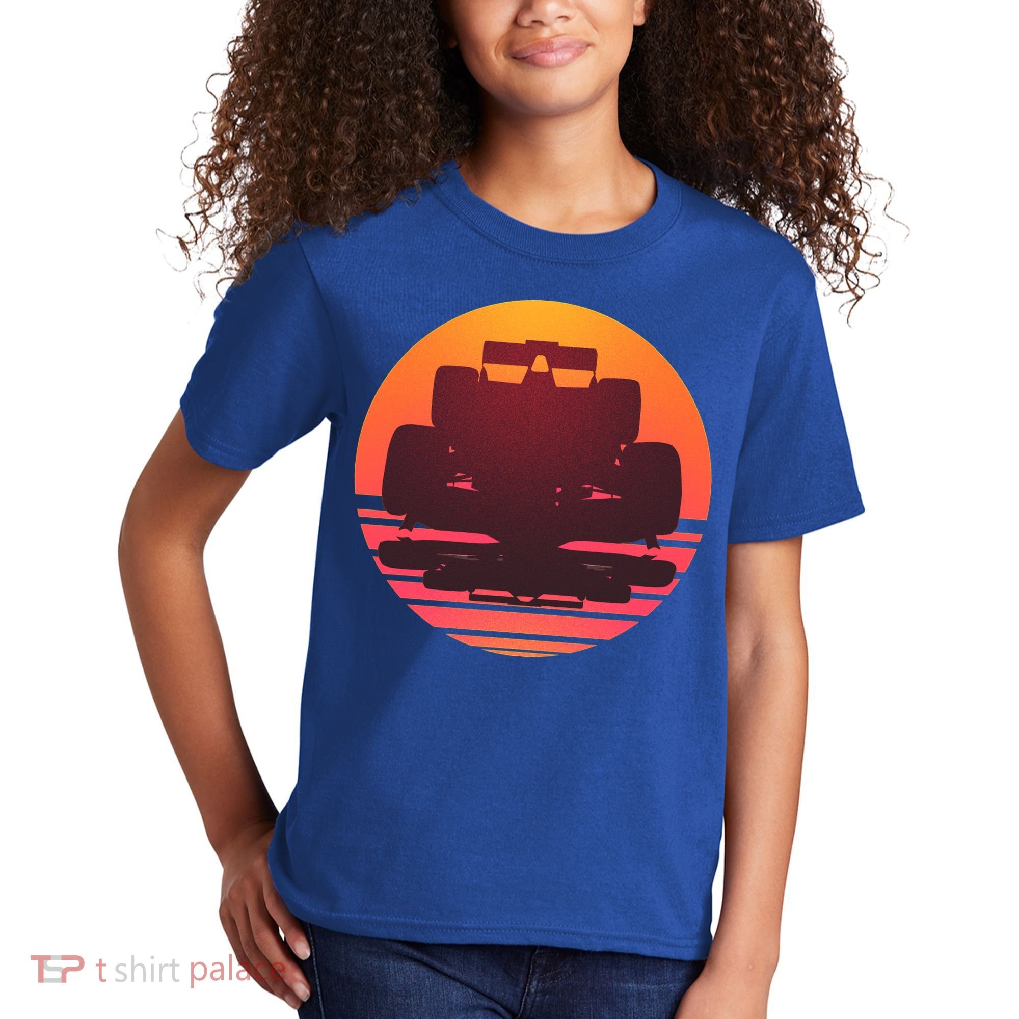 Racing Car Retro Sunset Emblem Kids T-Shirt
