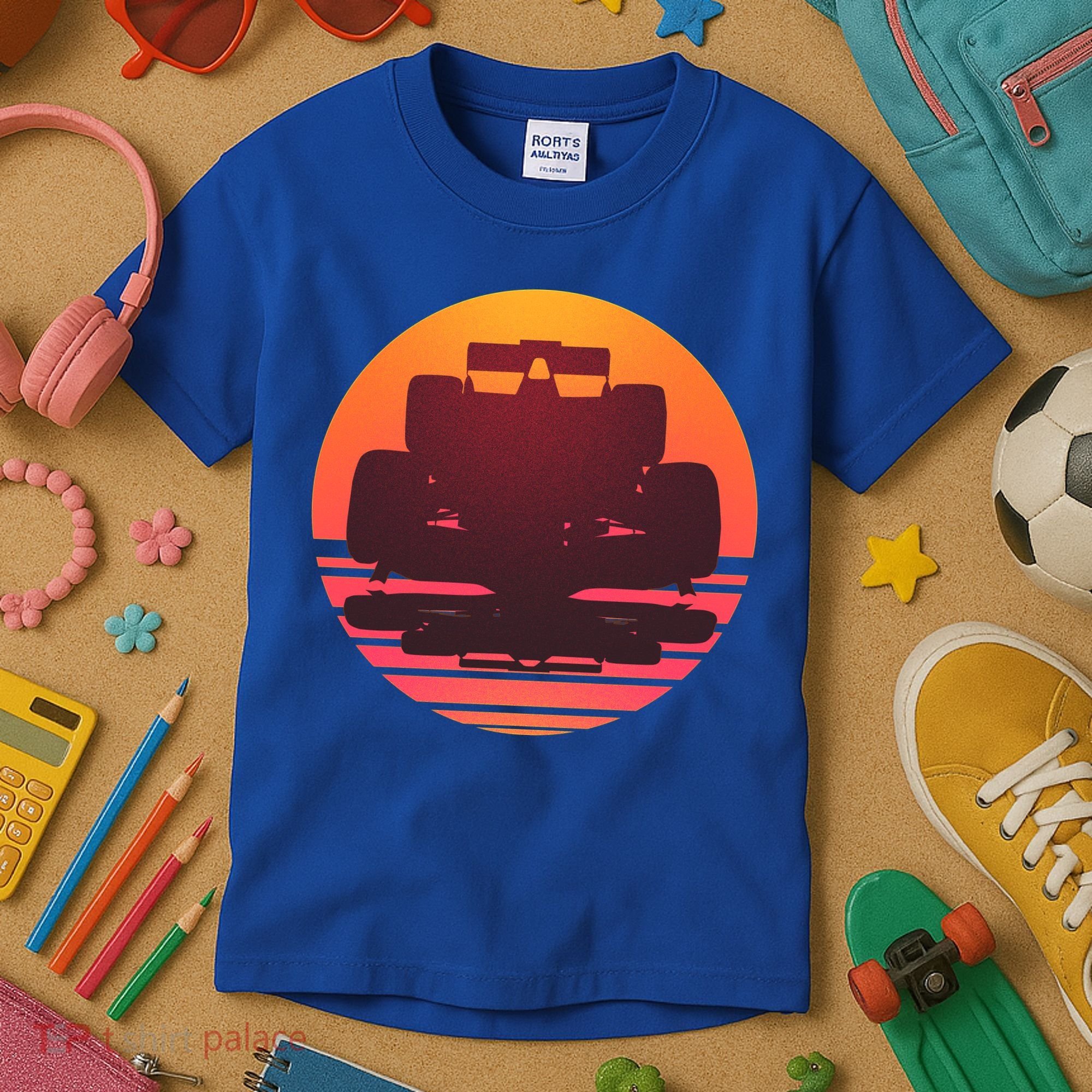 Racing Car Retro Sunset Emblem Kids T-Shirt