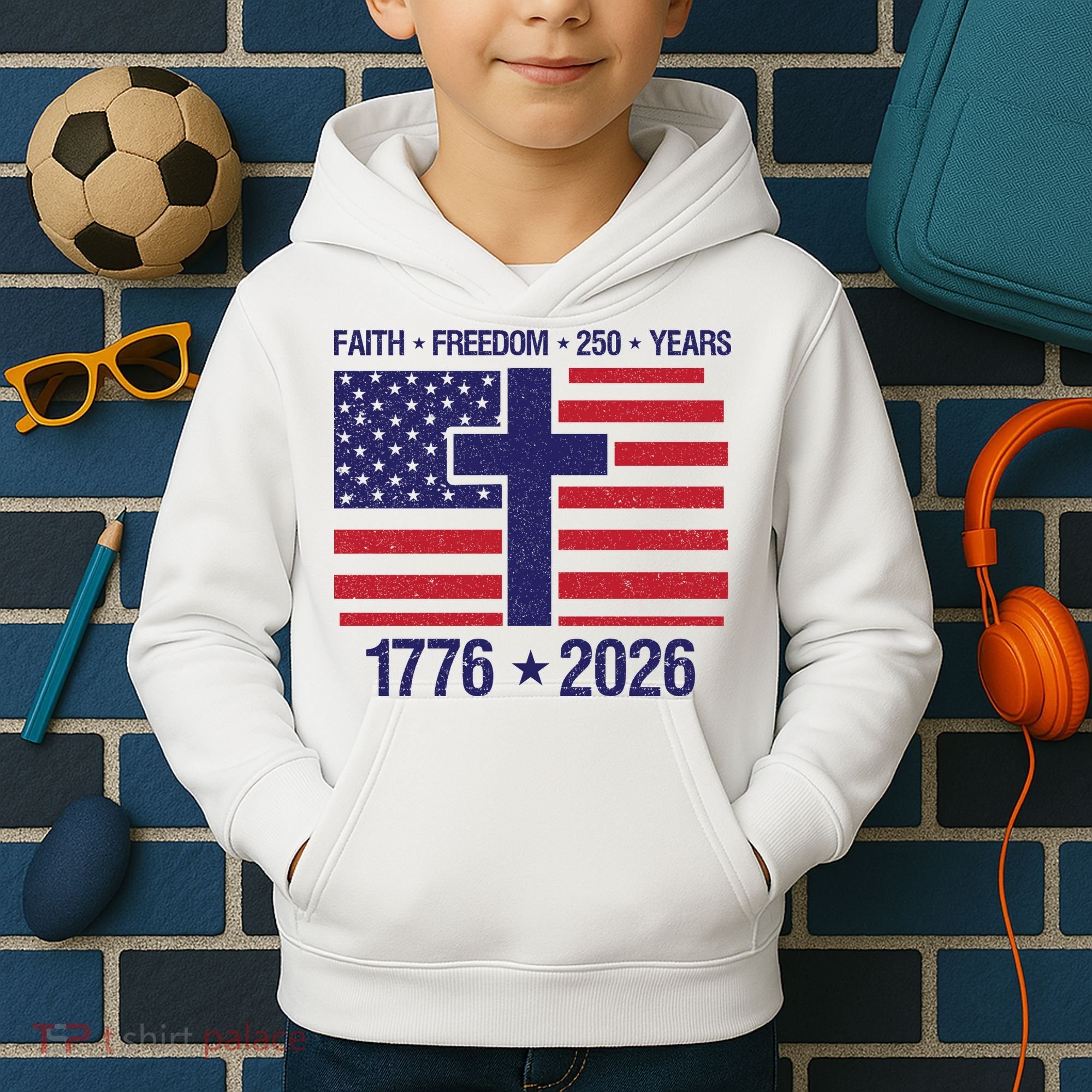 Faith Freedom 250 Years Anniversary Kids Hoodie