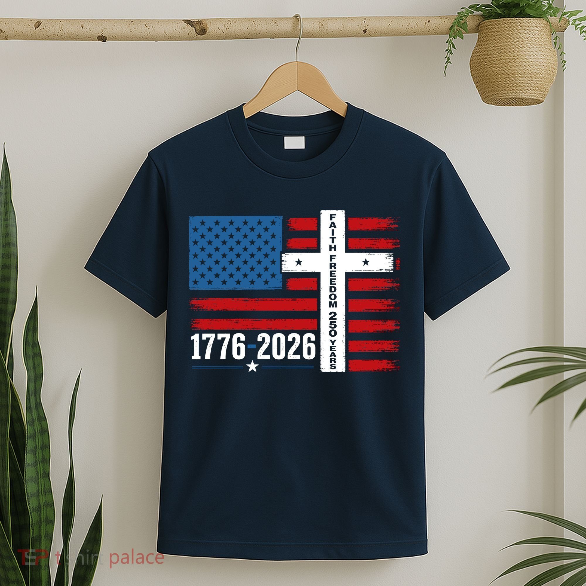 Faith Freedom 250 Years 1776-2026 USA American Flag Cross T-Shirt
