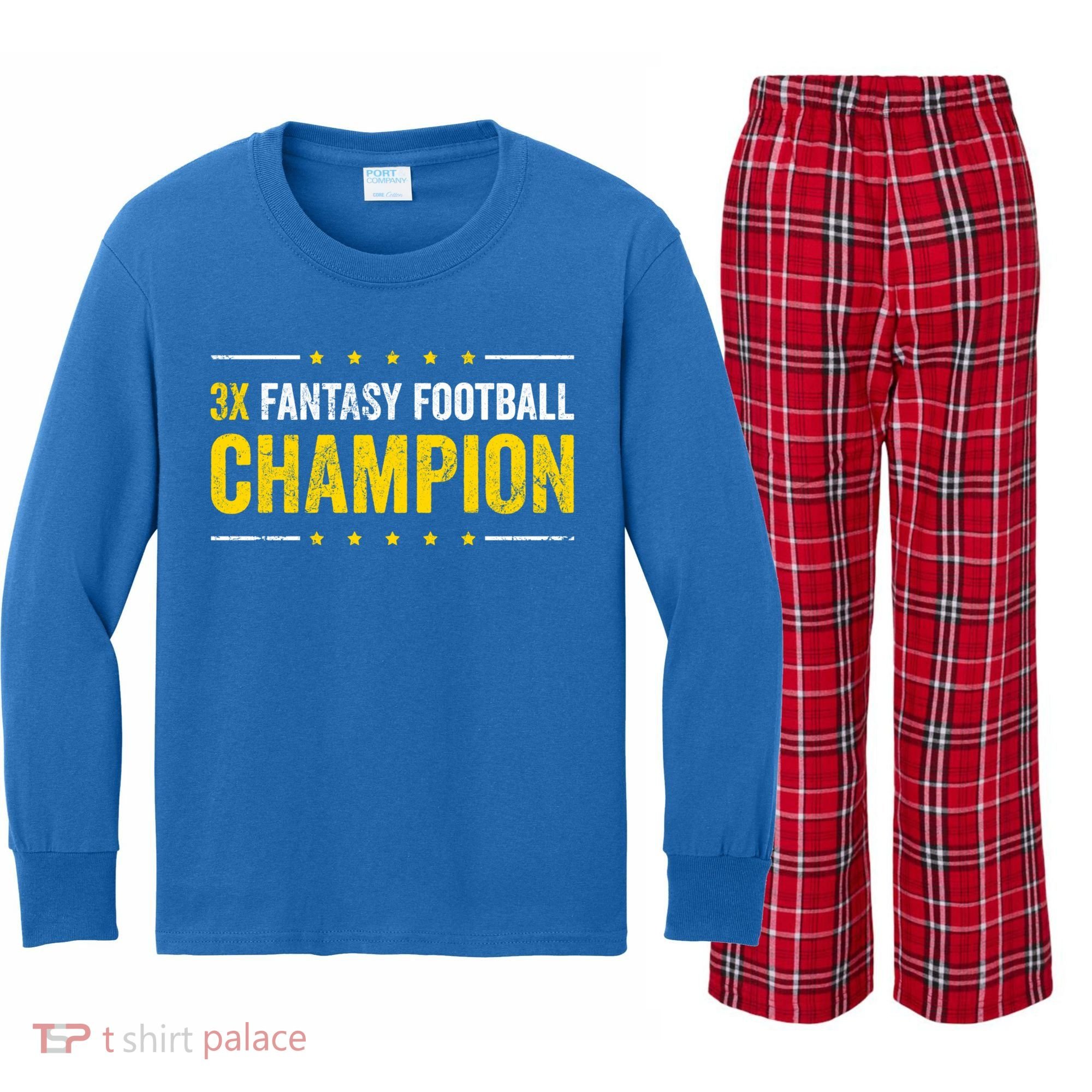 Fantasy Football 3 Time Winner Champ Champion Gift Kids Long Sleeve Plaid Pajama Set