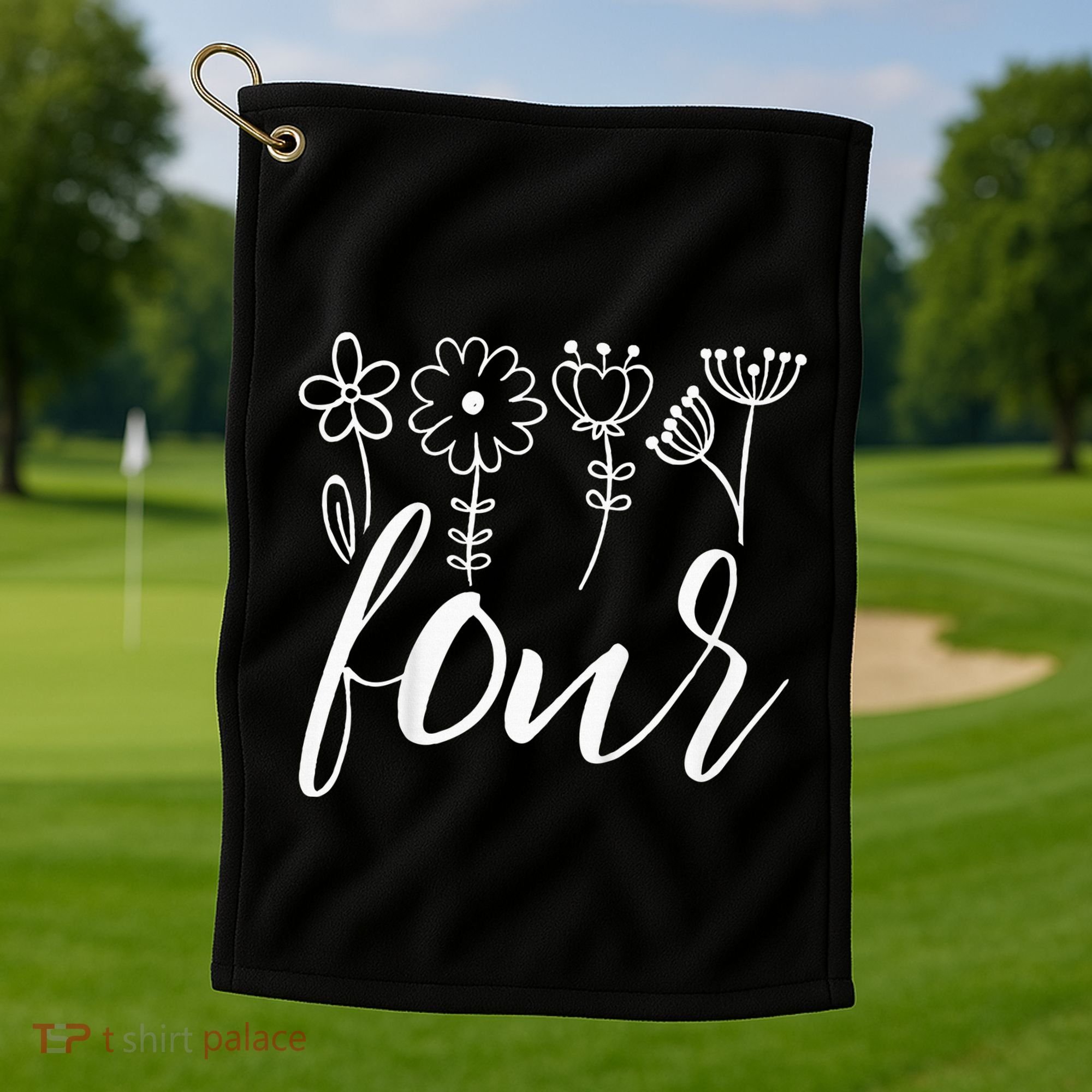 Floral Four 4 Year Old 4th Birthday Golf Towel