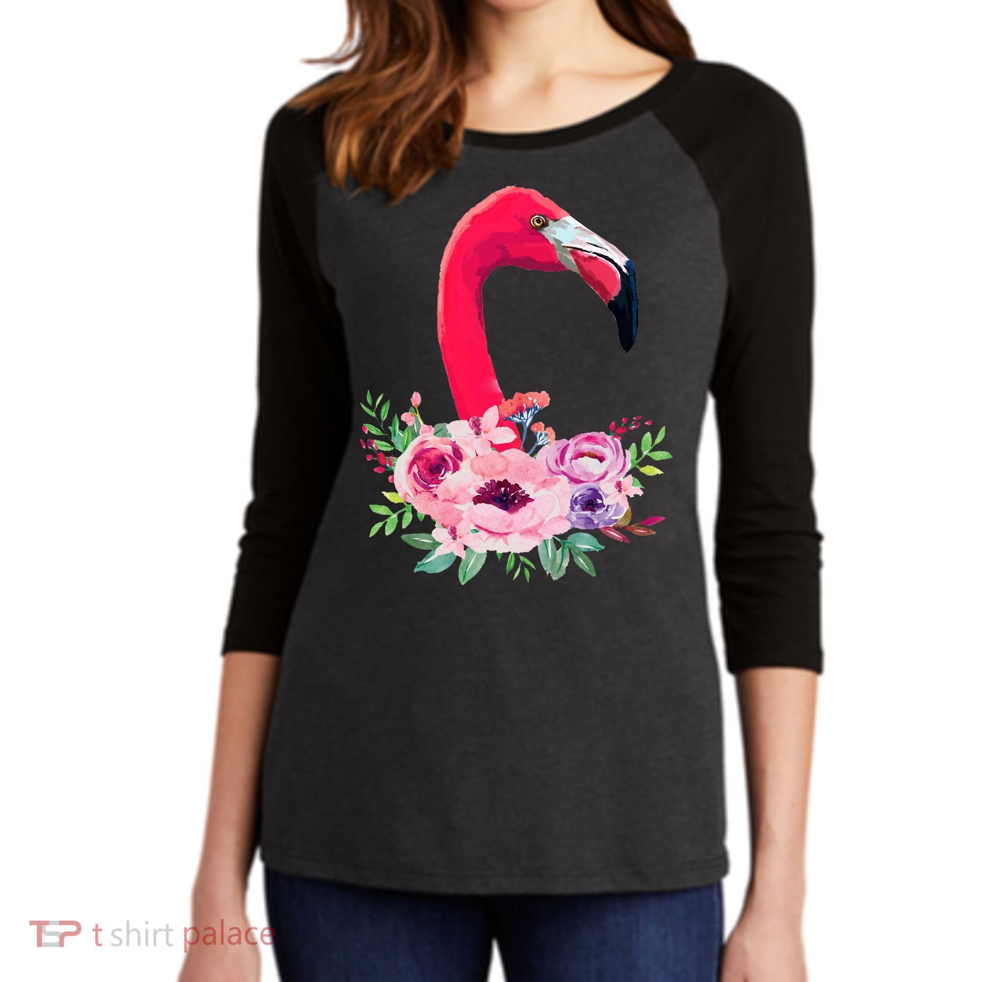 Flamingo Floral Art Women's Tri-Blend 3/4-Sleeve Raglan Shirt