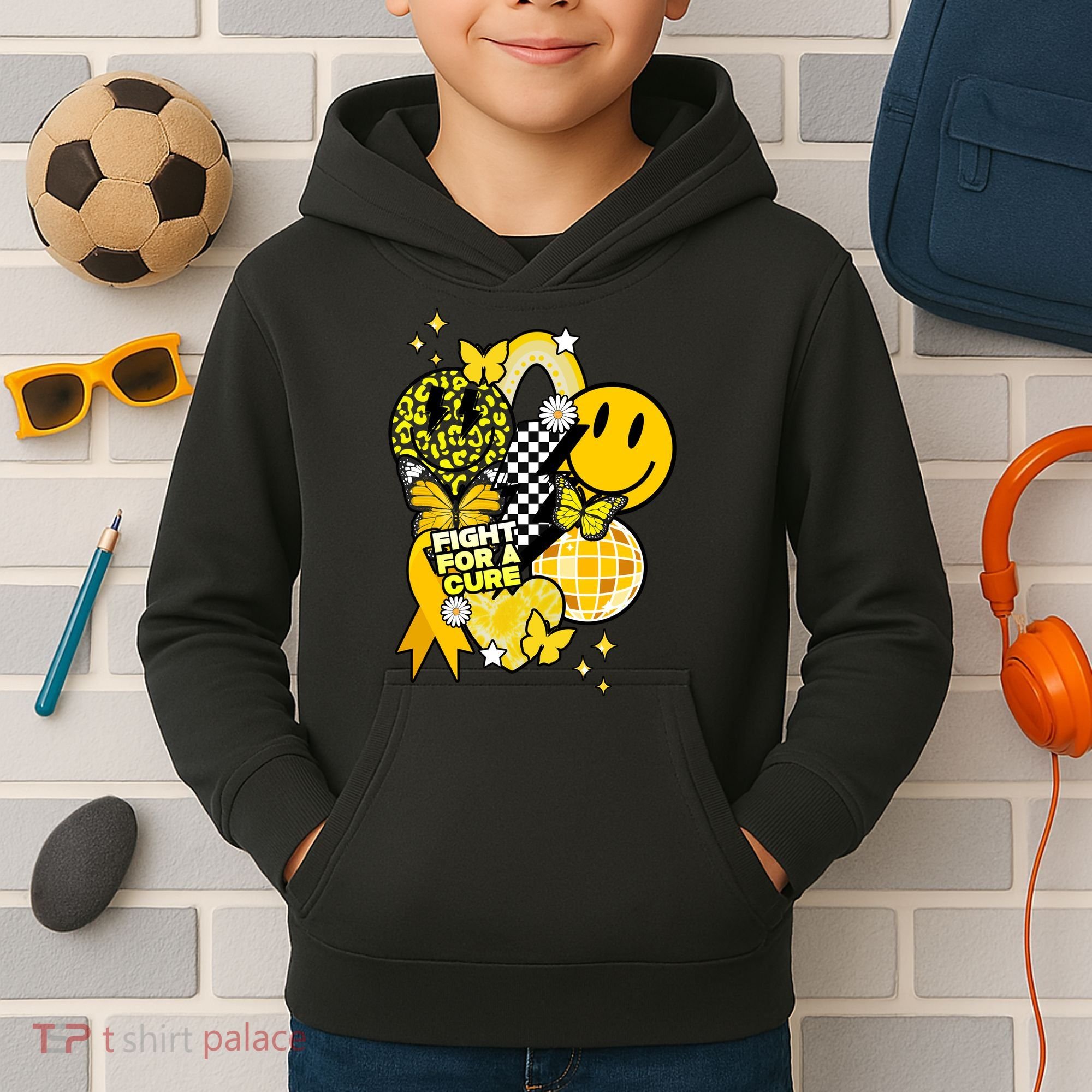Fight For A Cure Retro Smile Face Childhood Cancer Kids Hoodie