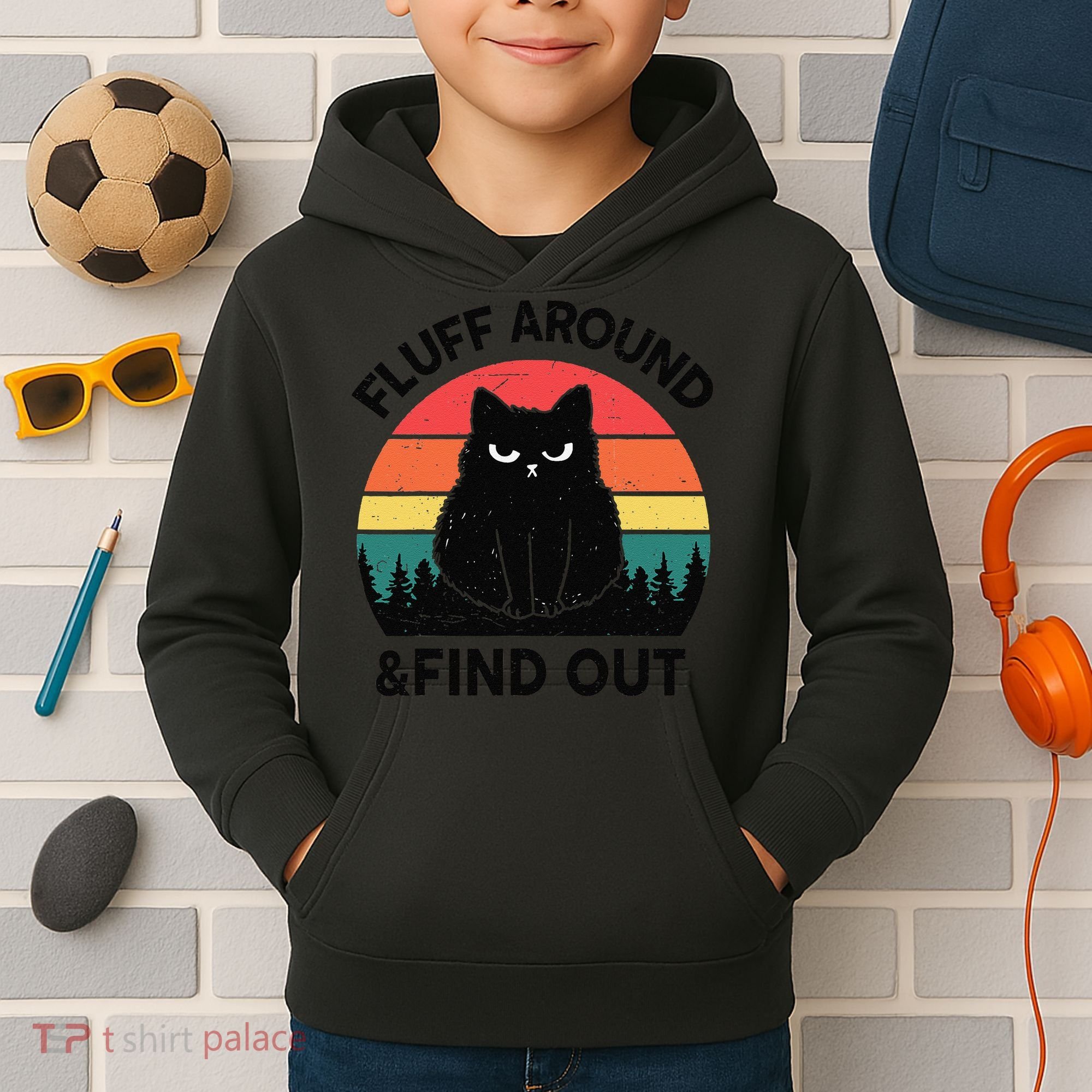 Funny Fluff Around Find Out Humor Sarcastic Black Cat Kids Hoodie