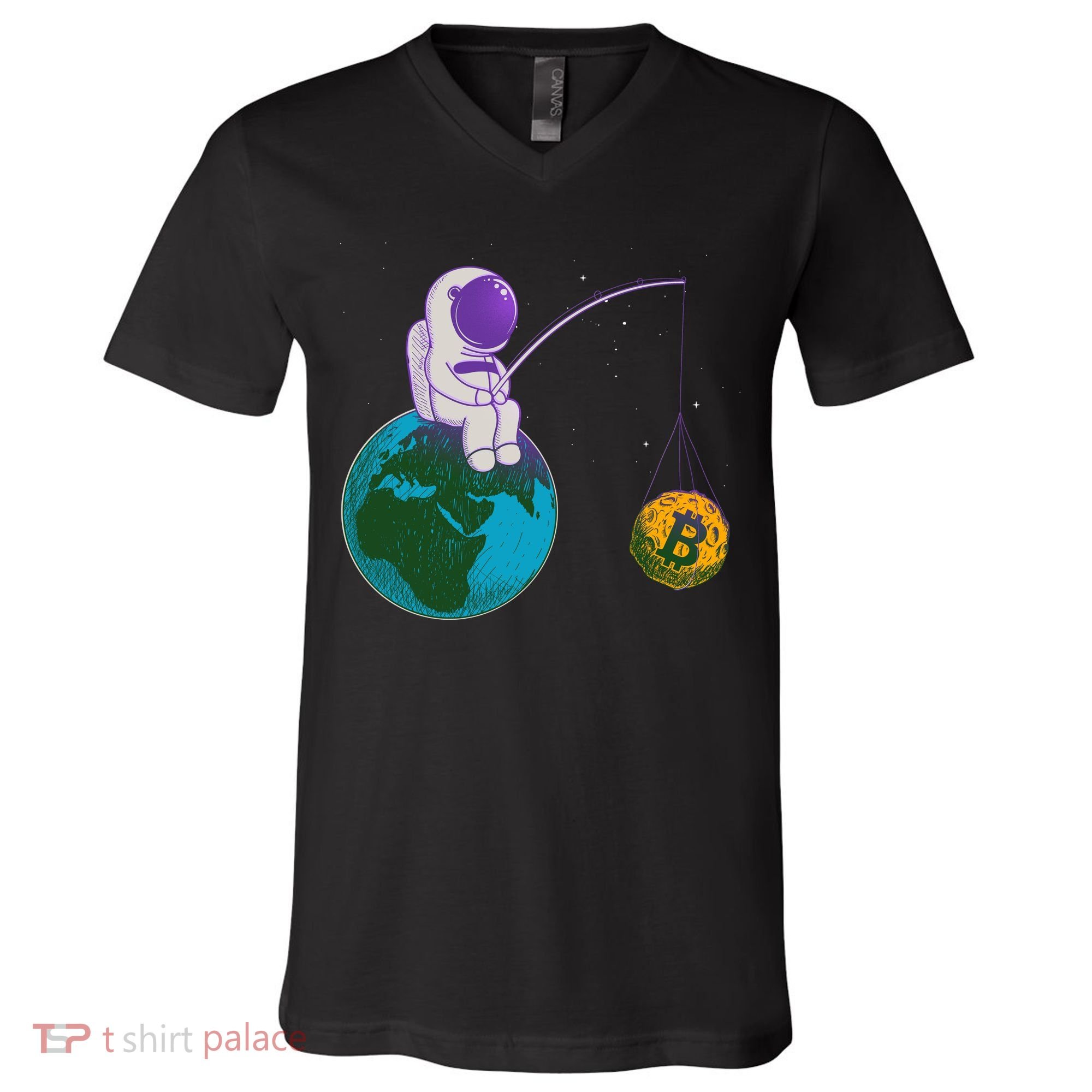 Funny Fishing Bitcoin Space Astronaut V-Neck T-Shirt