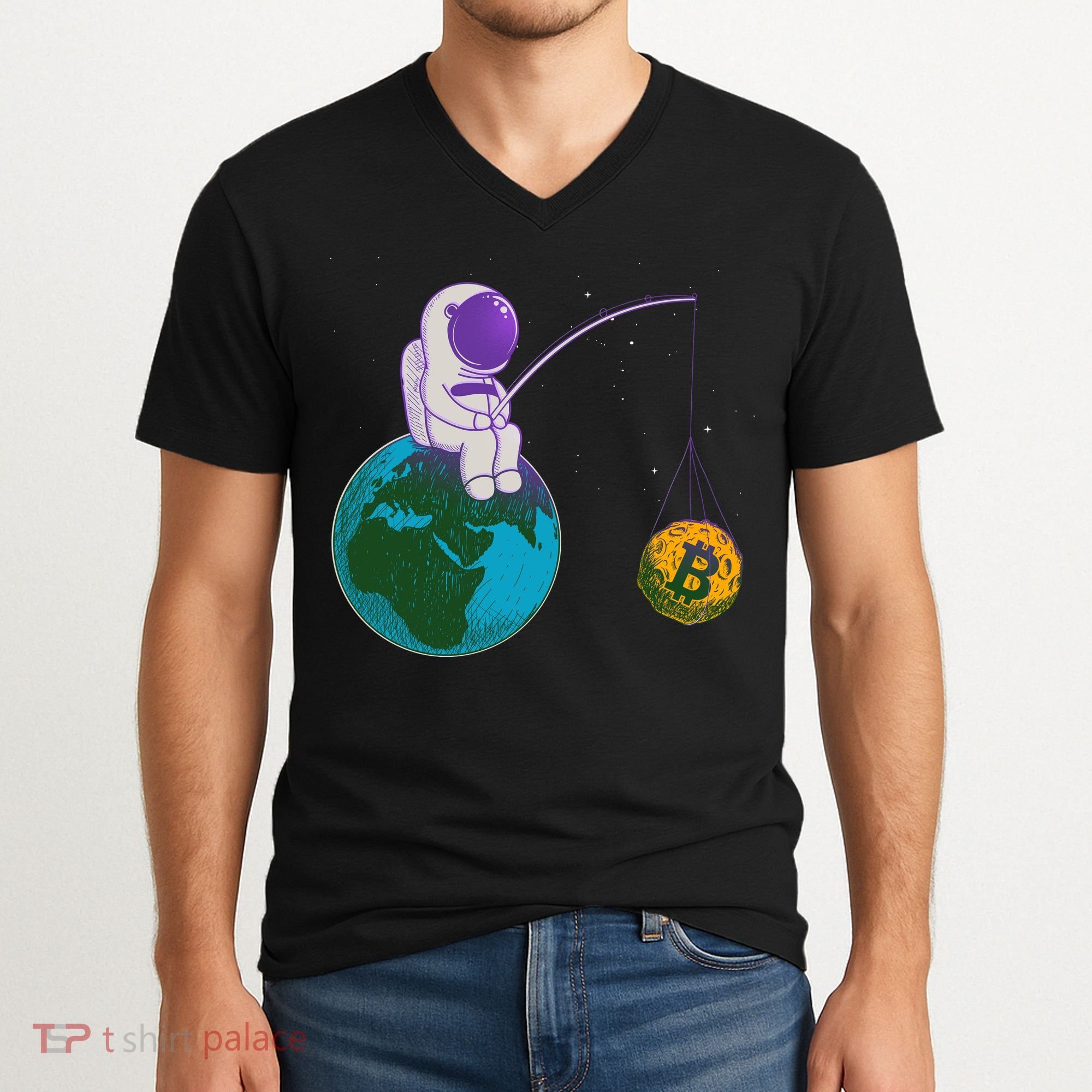 Funny Fishing Bitcoin Space Astronaut V-Neck T-Shirt