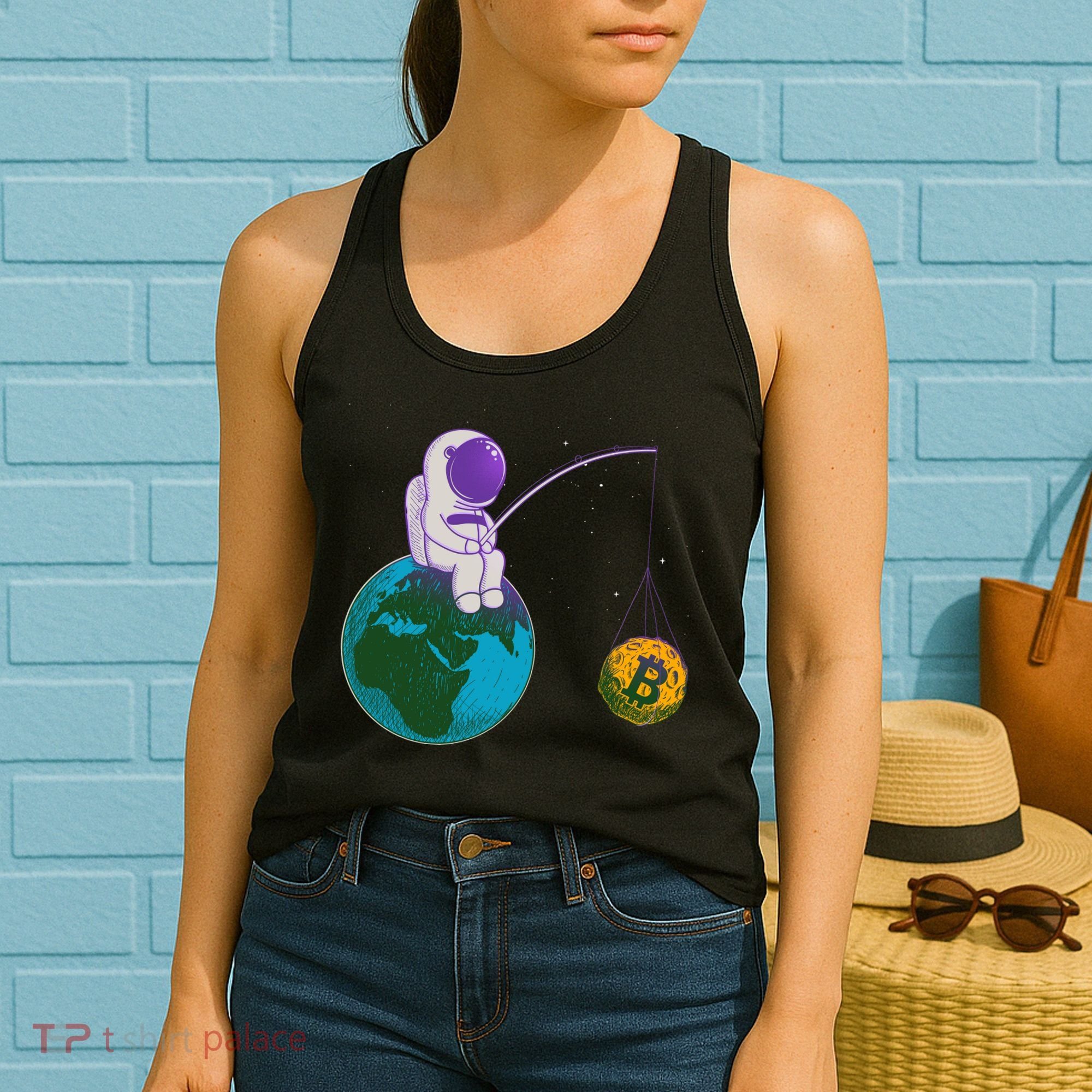 Funny Fishing Bitcoin Space Astronaut Women's Tank Top