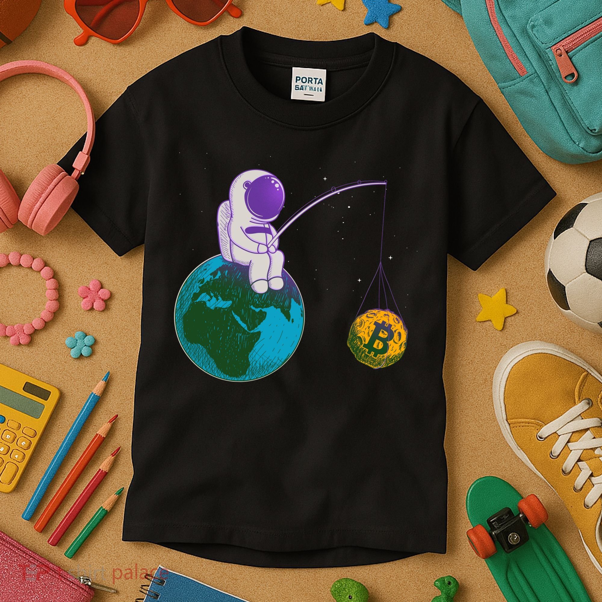 Funny Fishing Bitcoin Space Astronaut Kids T-Shirt