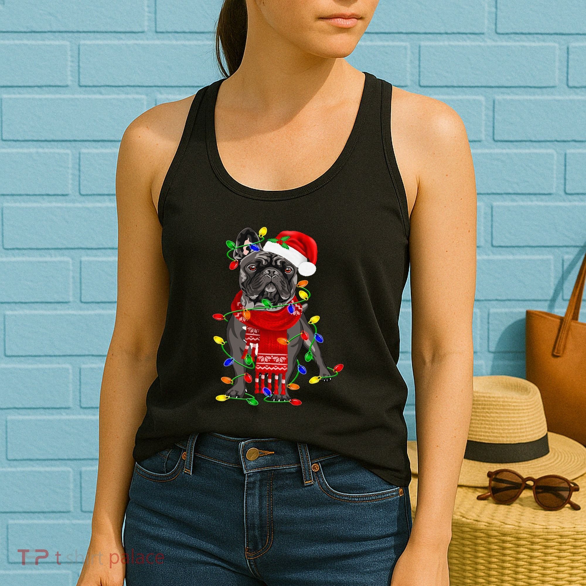 Funny French Bulldog Dog Tree Christmas Lights Xmas Pajama Women's Tank Top
