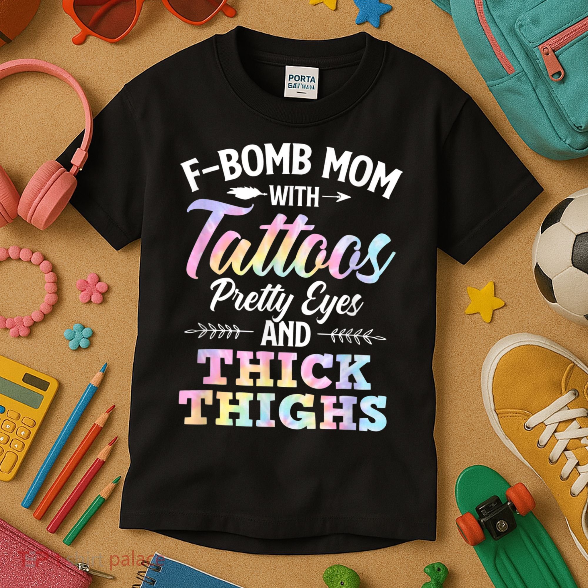 Funny F Bomb Mom With Tattoos Pretty Eyes And Thick Thighs Kids T-Shirt