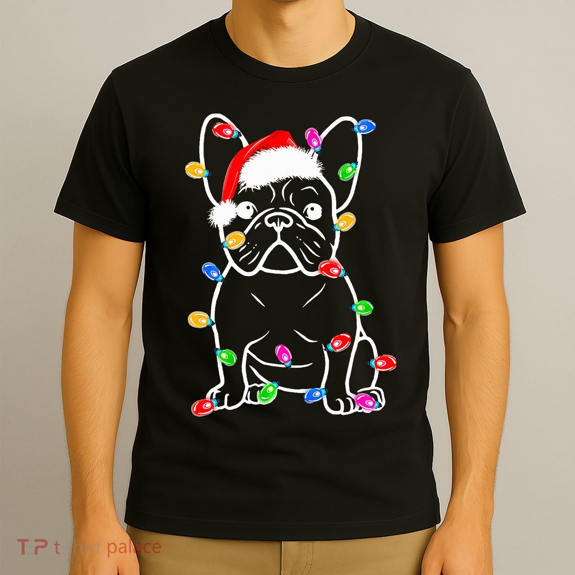 Funny French Bulldog Dog Tree Christmas Lights Xmas Pajama  T-Shirt
