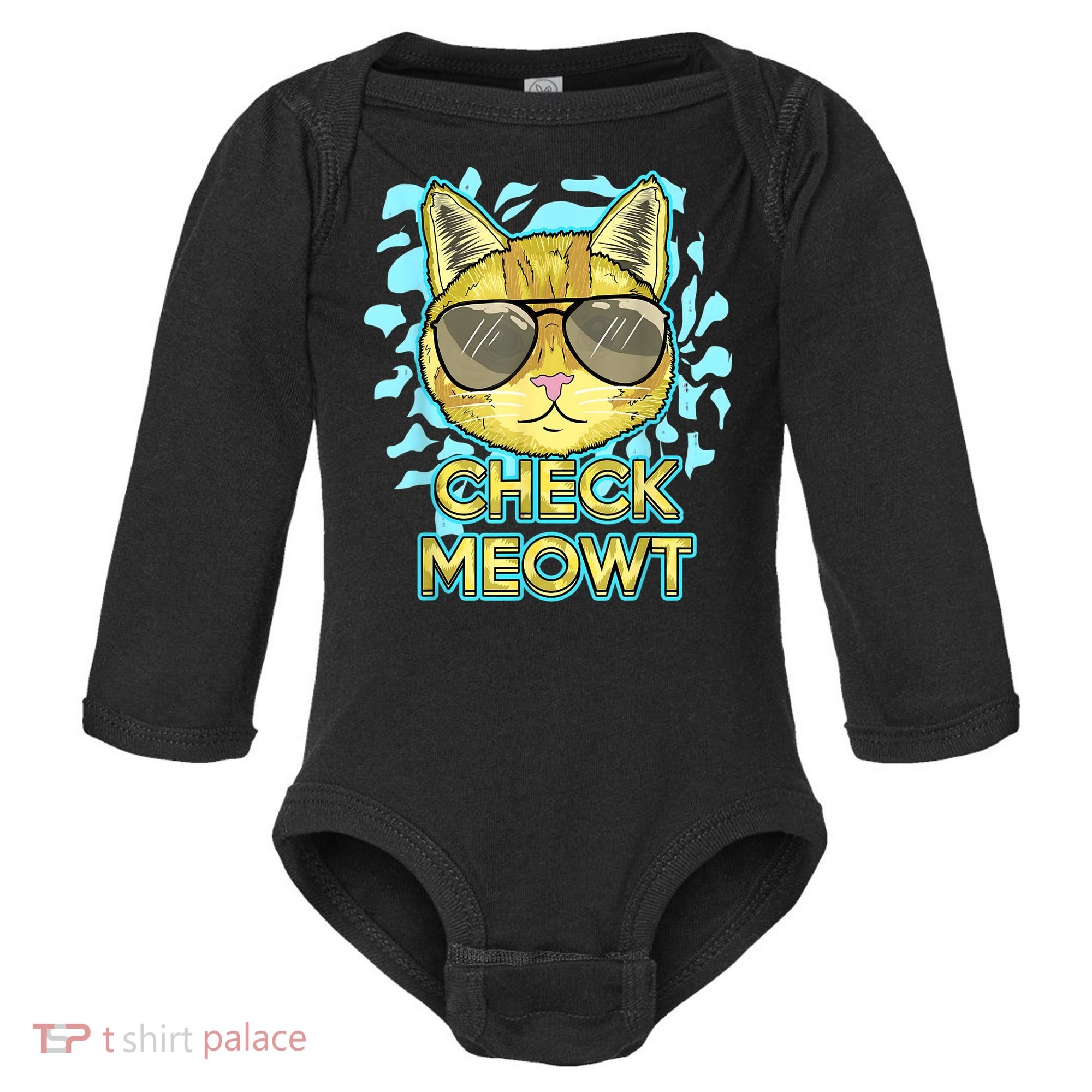 Funny Flirty Cat Pun Humor Cool Kitten Love Check Meowt Baby Long Sleeve Bodysuit